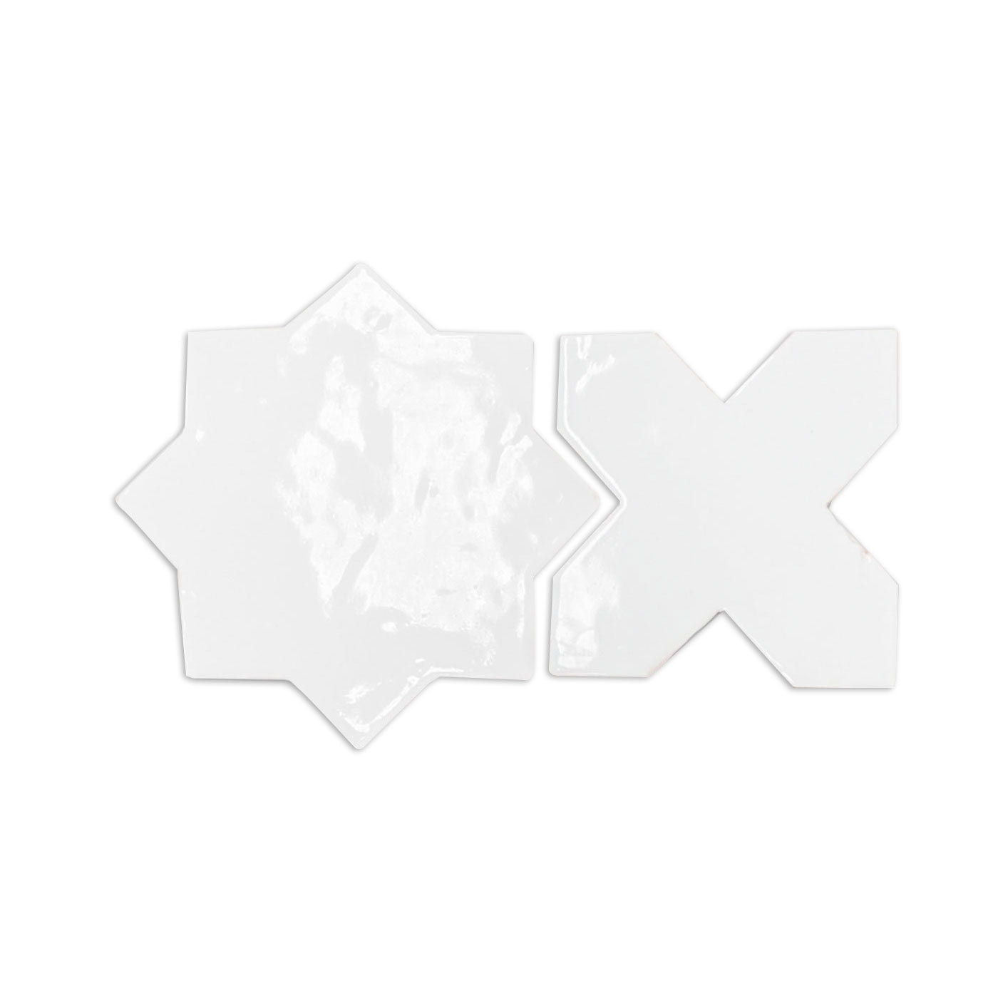 Glazed antique white star and cross tile sample by Clay Imports, with a glossy finish.