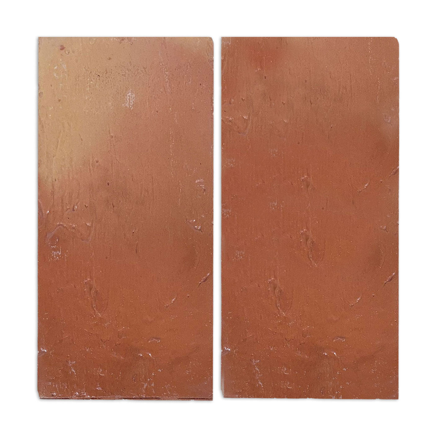 Two reddish-brown rectangular Antique Satin sample tiles by Clay Imports, showing subtle surface variations.