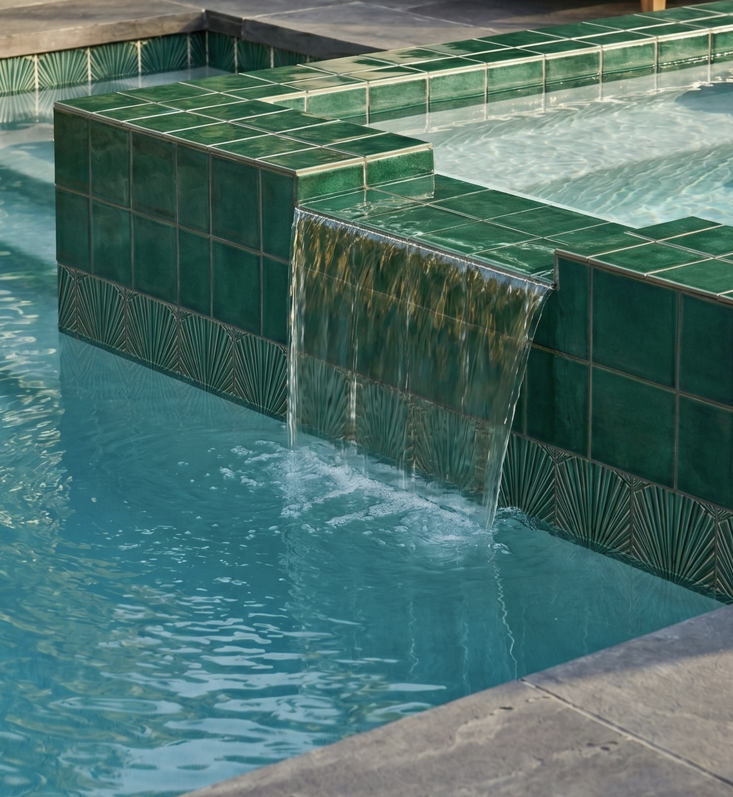 Green ceramic pool waterline tile by Clay Imports Handmade Tile, featuring square and fan-patterned tiles with a waterfall.