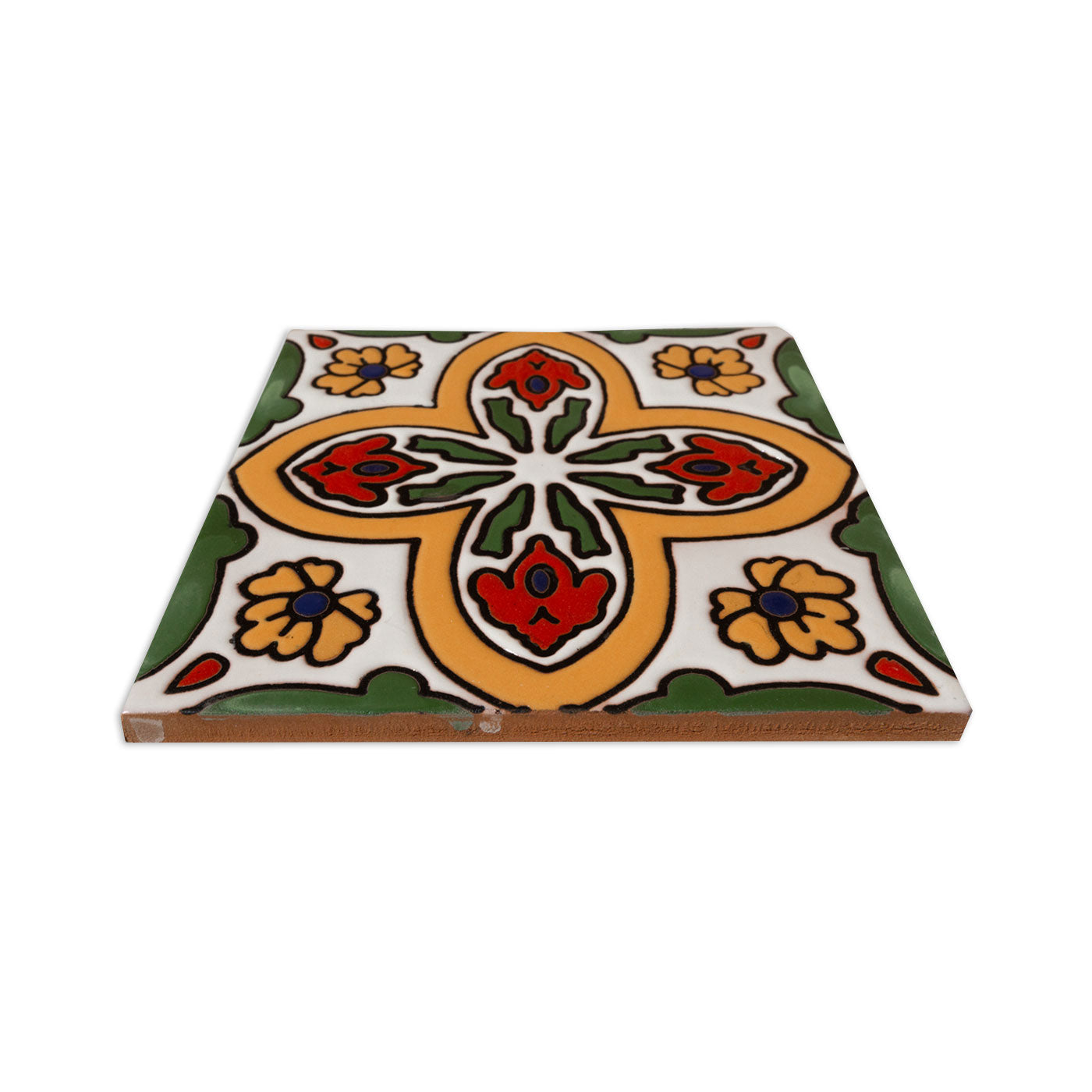 Decorative relief sample tile by Clay Imports, with a vibrant floral and geometric pattern in white, green, yellow, and red, shown at an angle.