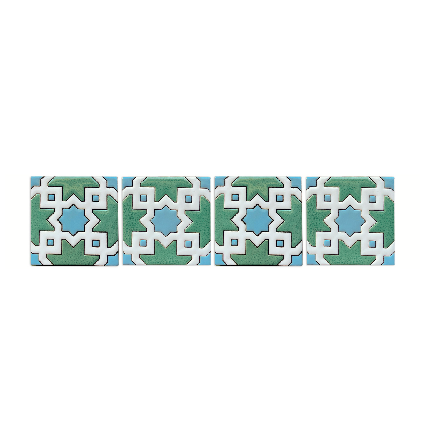 A sample Tiznit Jade Pool Waterline tile by Clay Imports, featuring green, blue, and white geometric patterns on four glossy pieces.