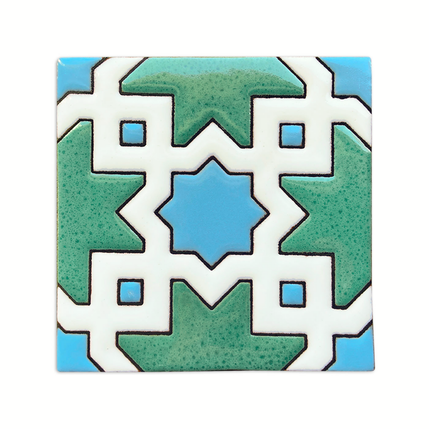 Jade pool waterline tile from Clay Imports, featuring a geometric star pattern in textured green, blue, and white.