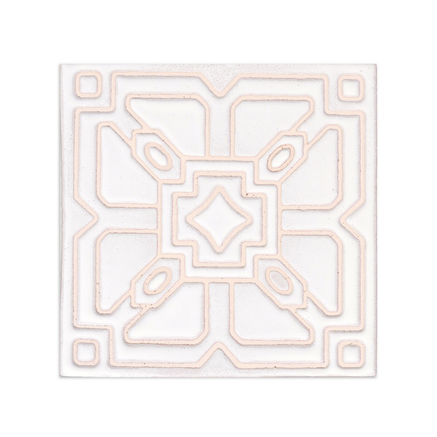 A white relief sample tile by Clay Imports, featuring a peach geometric pattern of lines, squares, and ovals.