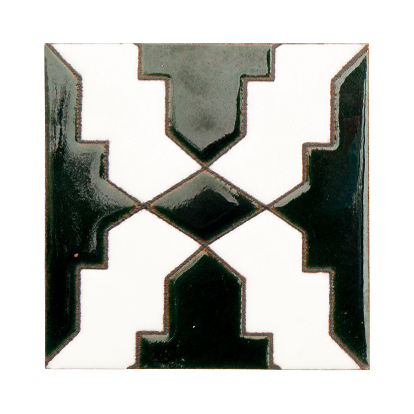 Deep Black Cruces pool waterline sample by Clay Imports, featuring a geometric cross pattern and glossy finish.