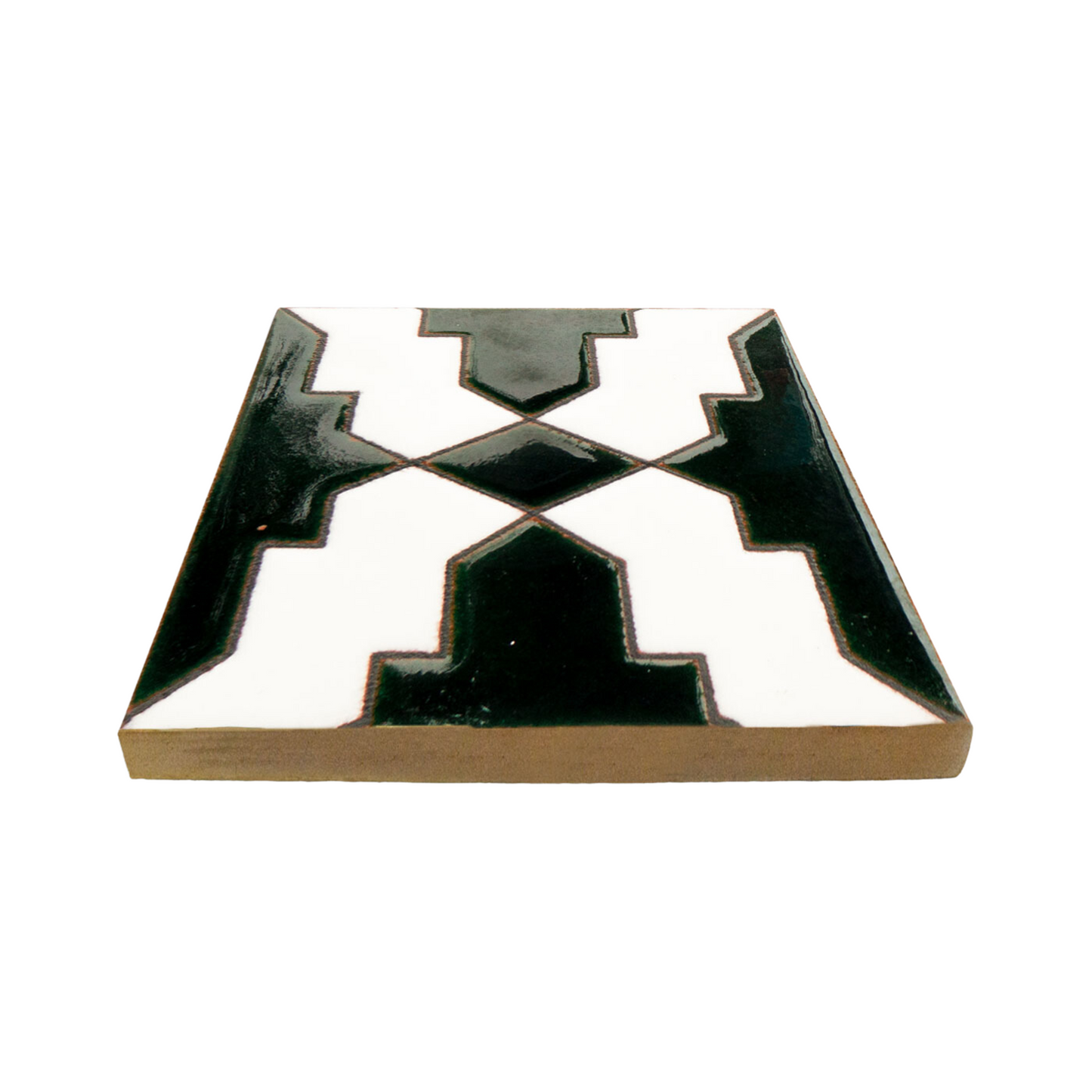 Deep black and white geometric pool waterline tile by Clay Imports, in an angled view showing a glossy finish and terracotta-like base.