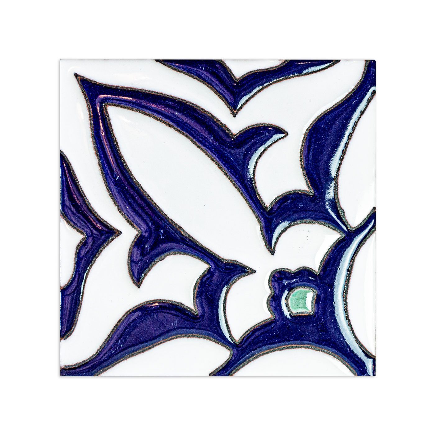 Deep Blue Zebra tile sample by Clay Imports, with glossy blue organic patterns on a white background and a tiny green accent.