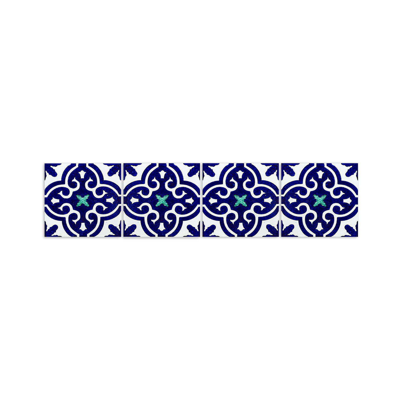 Deep blue and white Wilmar Pool Waterline tiles by Clay Imports, arranged horizontally with a geometric floral pattern and teal accents.