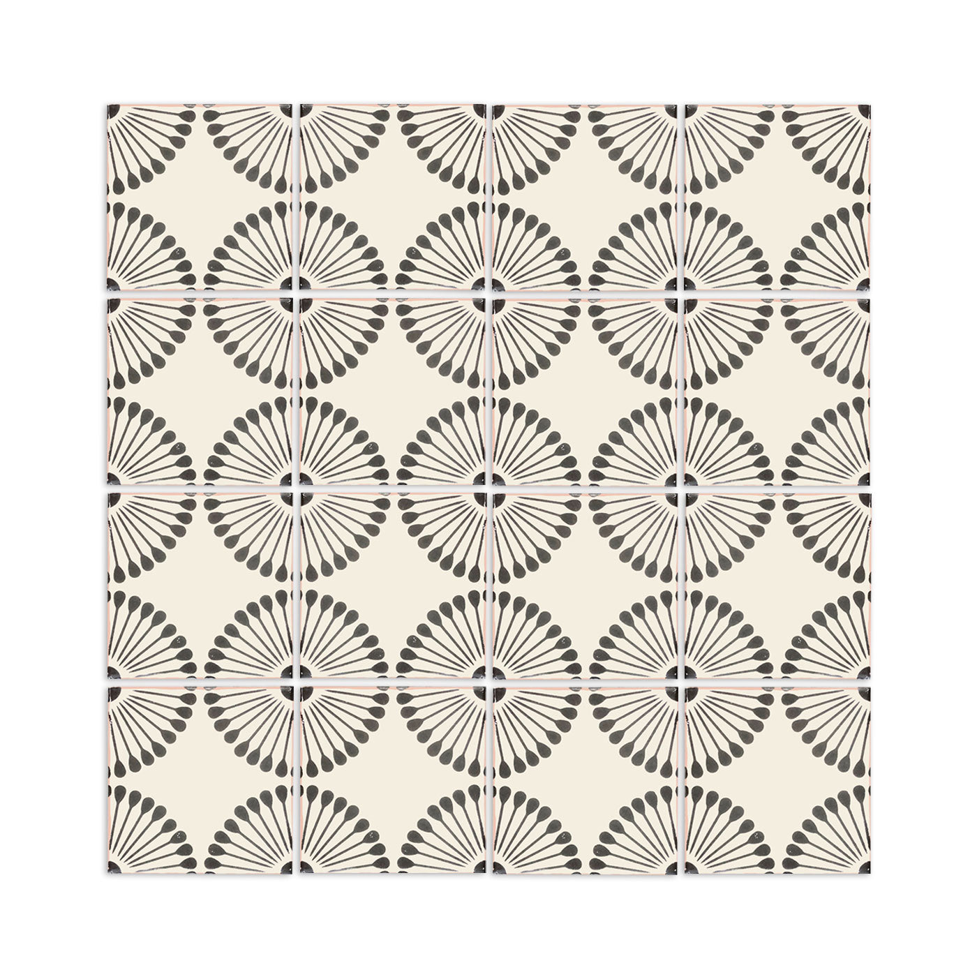 6x6 Anejo Emmeline tile sample by Clay Imports with a dark gray sunburst pattern on a cream background.