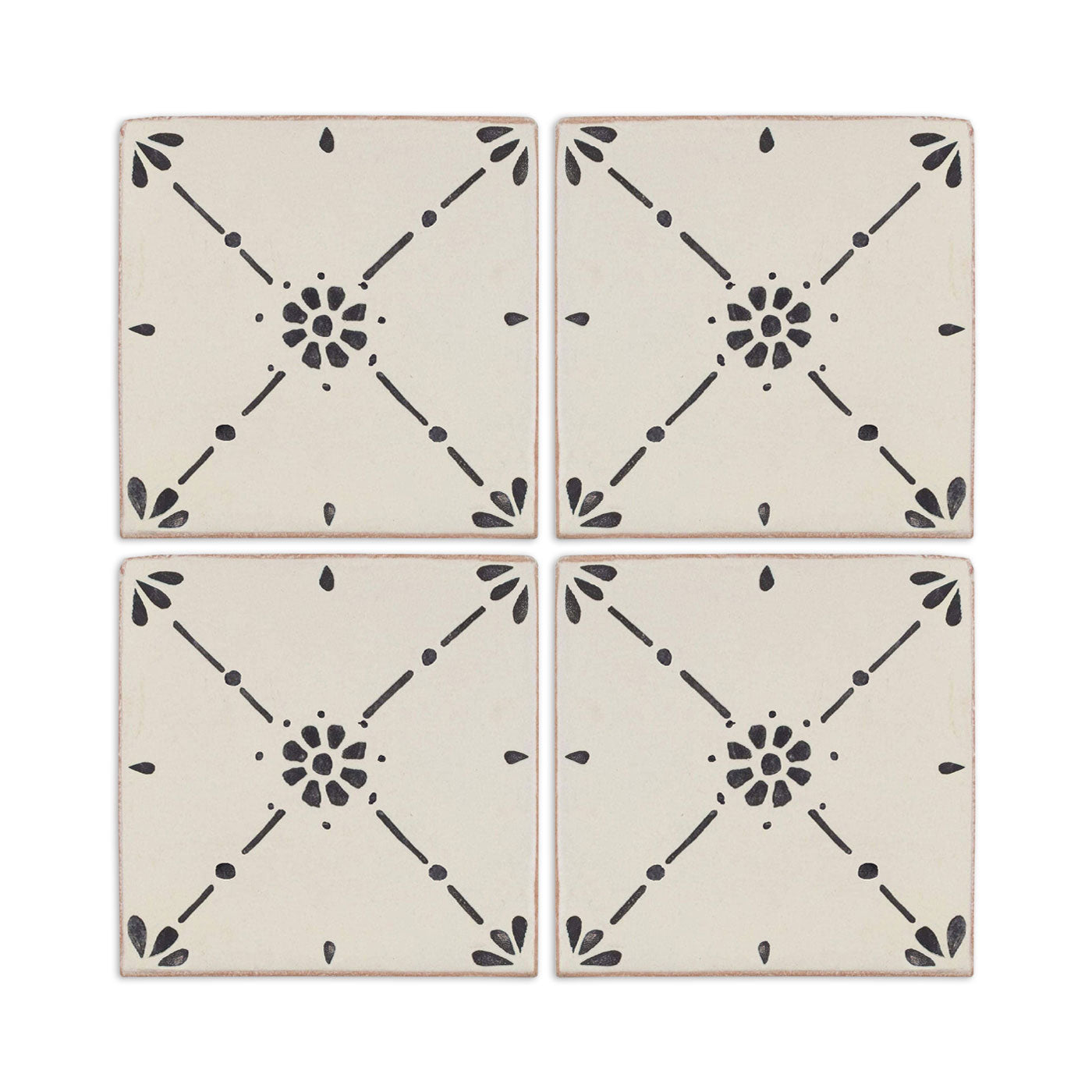 Sample 6x6 cream ceramic tile by Clay Imports, featuring an Anejo Flecha black floral cross pattern.