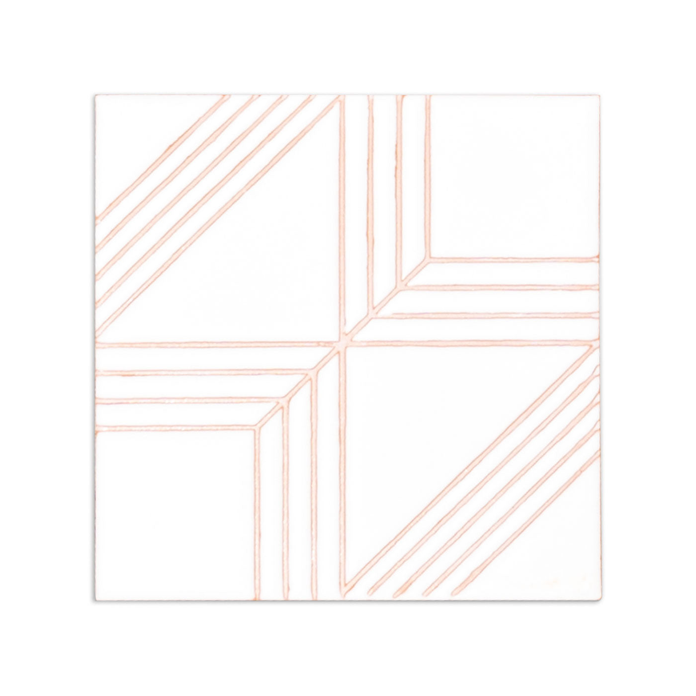 White 6x6 Relief Fresh Leo tile sample by Clay Imports, featuring a light orange geometric line pattern.
