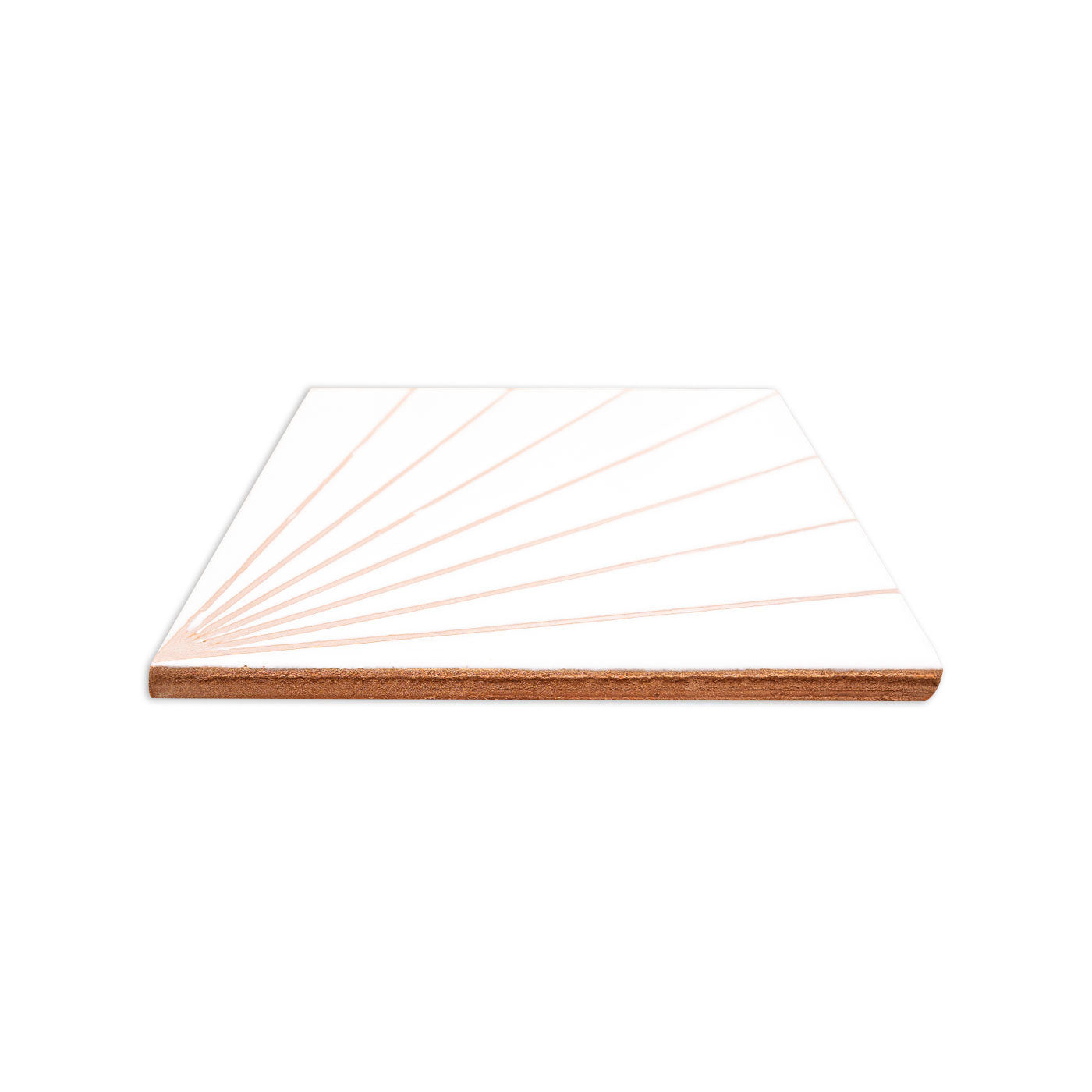 A white hand-painted ceramic tile by Clay Imports, featuring radial peach lines and a brown side edge.