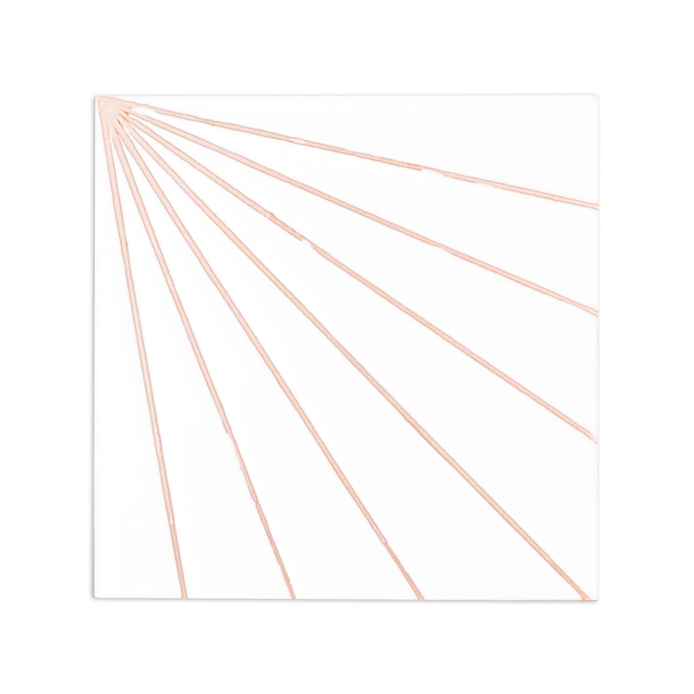 White tile sample with pink relief by Clay Imports, featuring a sunburst fan pattern from the corner.