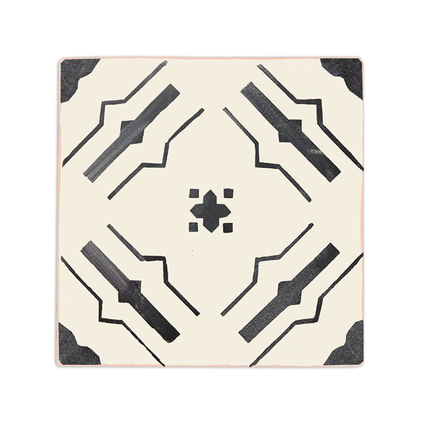 Square cream sample tile by Clay Imports with a black, rustic geometric pattern.