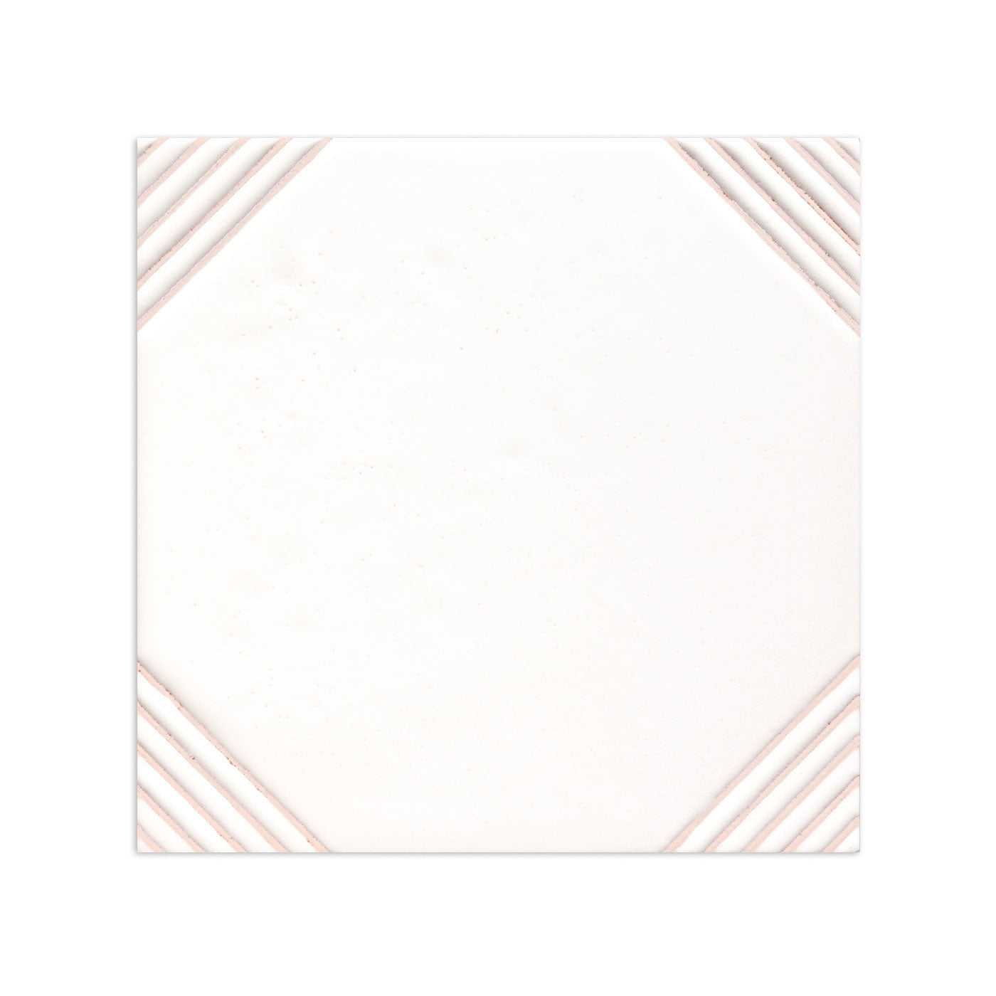 White square tile sample by Clay Imports with relief diagonal corners featuring three parallel pink stripes.