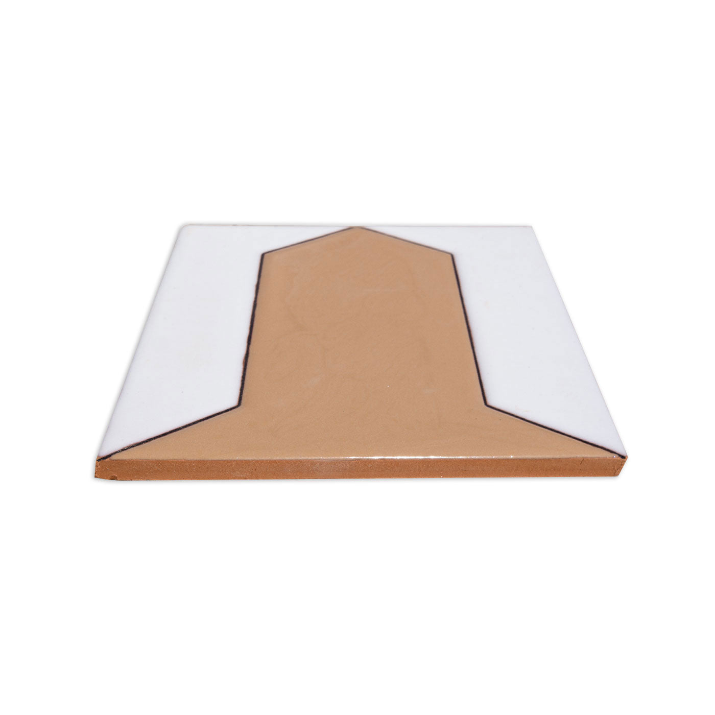 Tan 6x6 Relief Rico tile by Clay Imports, featuring a geometric design on white with visible terracotta edge.