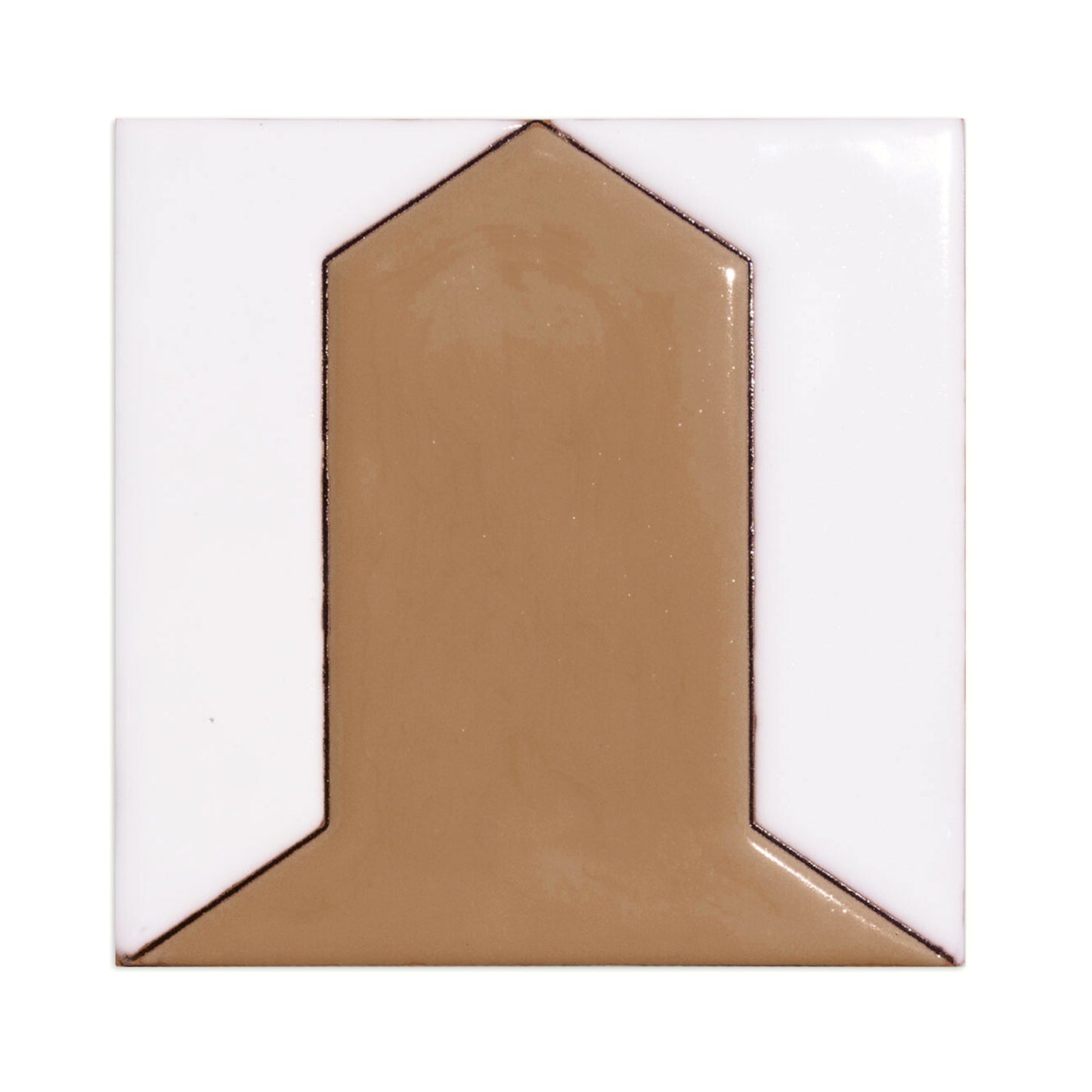 White and brown geometric tile by Clay Imports featuring a raised, glossy brown arched shape with a dark outline.