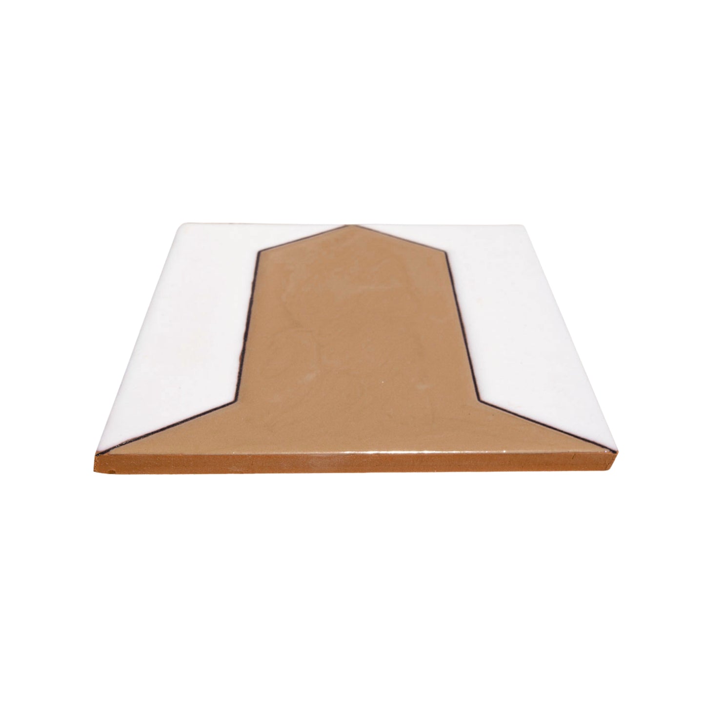 White and brown geometric tile by Clay Imports, featuring a black-outlined house shape and visible clay base, shown from an angled perspective.