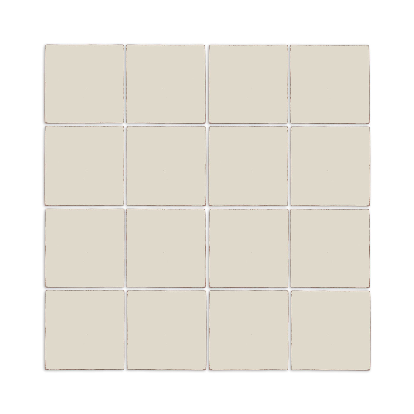 Light beige square sample tiles by Clay Imports, arranged in a 4x4 grid with distressed edges.
