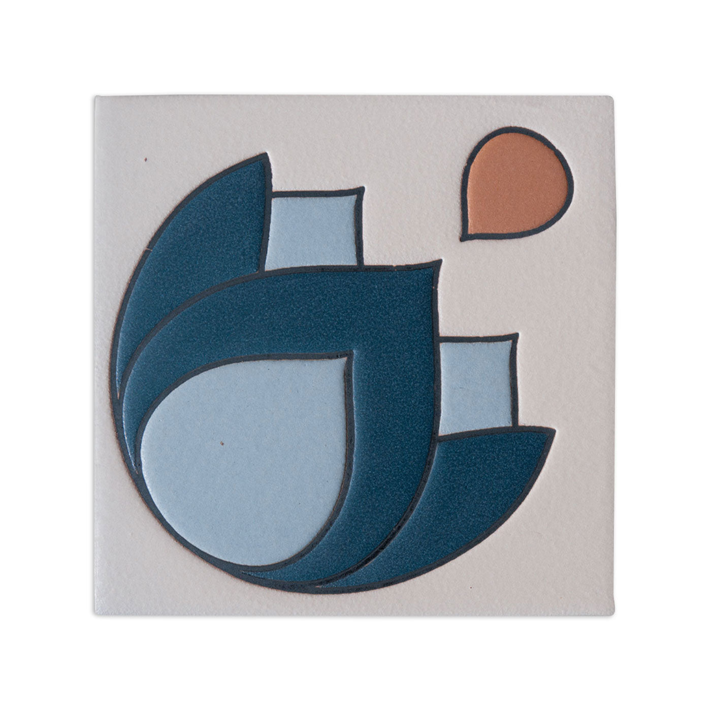A square sample tile by Clay Imports, displaying an abstract teal and light blue tulip design with an orange drop shape and raised dark outlines.