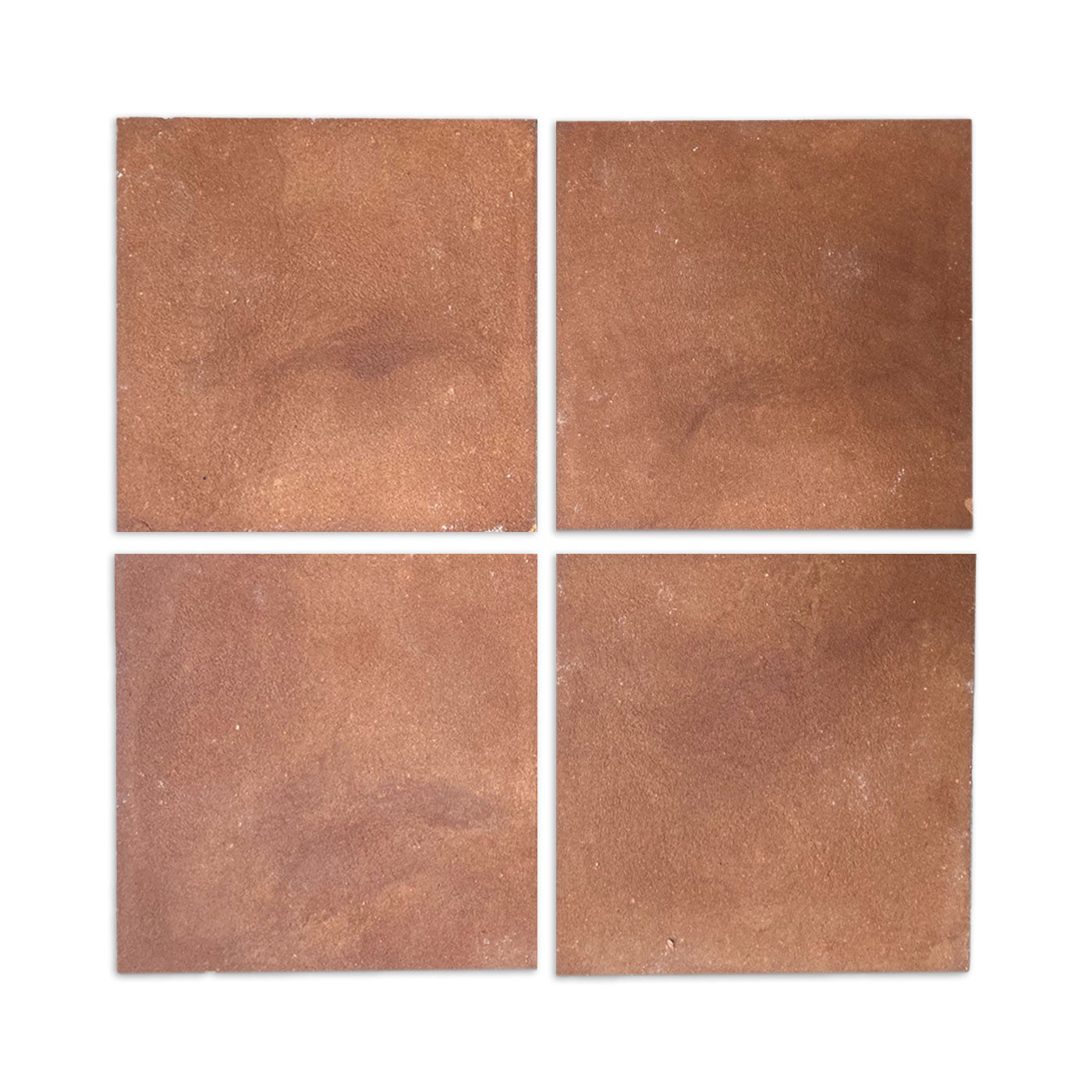 Four umber cotto tile samples by Clay Imports, featuring a rustic, reddish-brown matte texture.