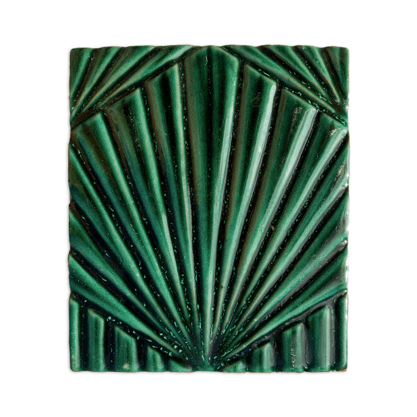 Green rectangular sample tile by Clay Imports, featuring a raised palm-leaf pattern with a glossy finish.