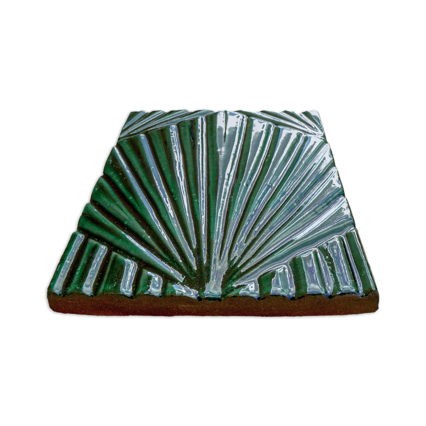 Green pool waterline tile by Clay Imports with a fan-shaped raised ridge pattern, glossy finish, and visible brown unglazed base.