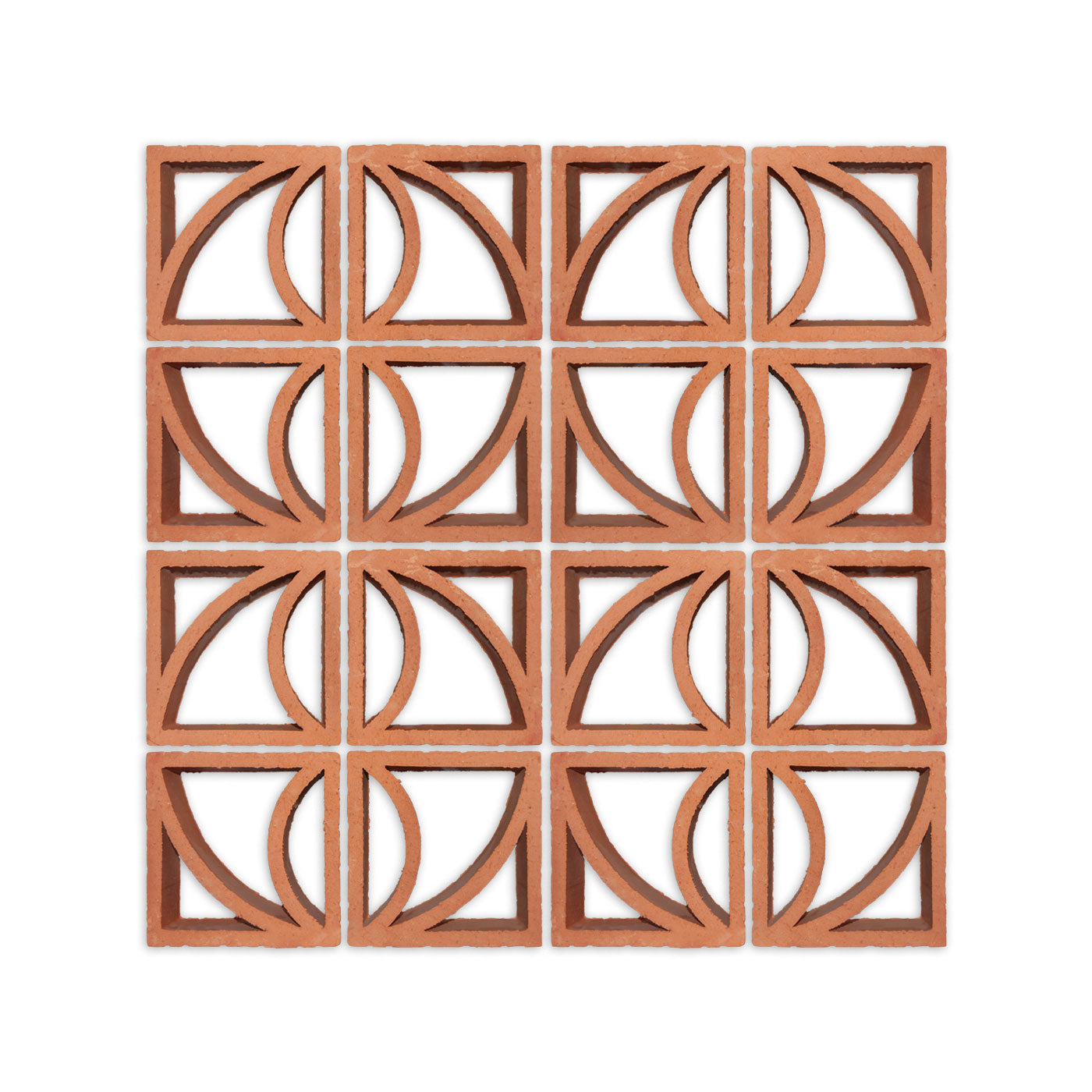 Terracotta Brisa breeze block by Clay Imports Breeze Blocks, arranged in a 4x4 grid with a repeating pattern of arcs and diagonal lines on white.