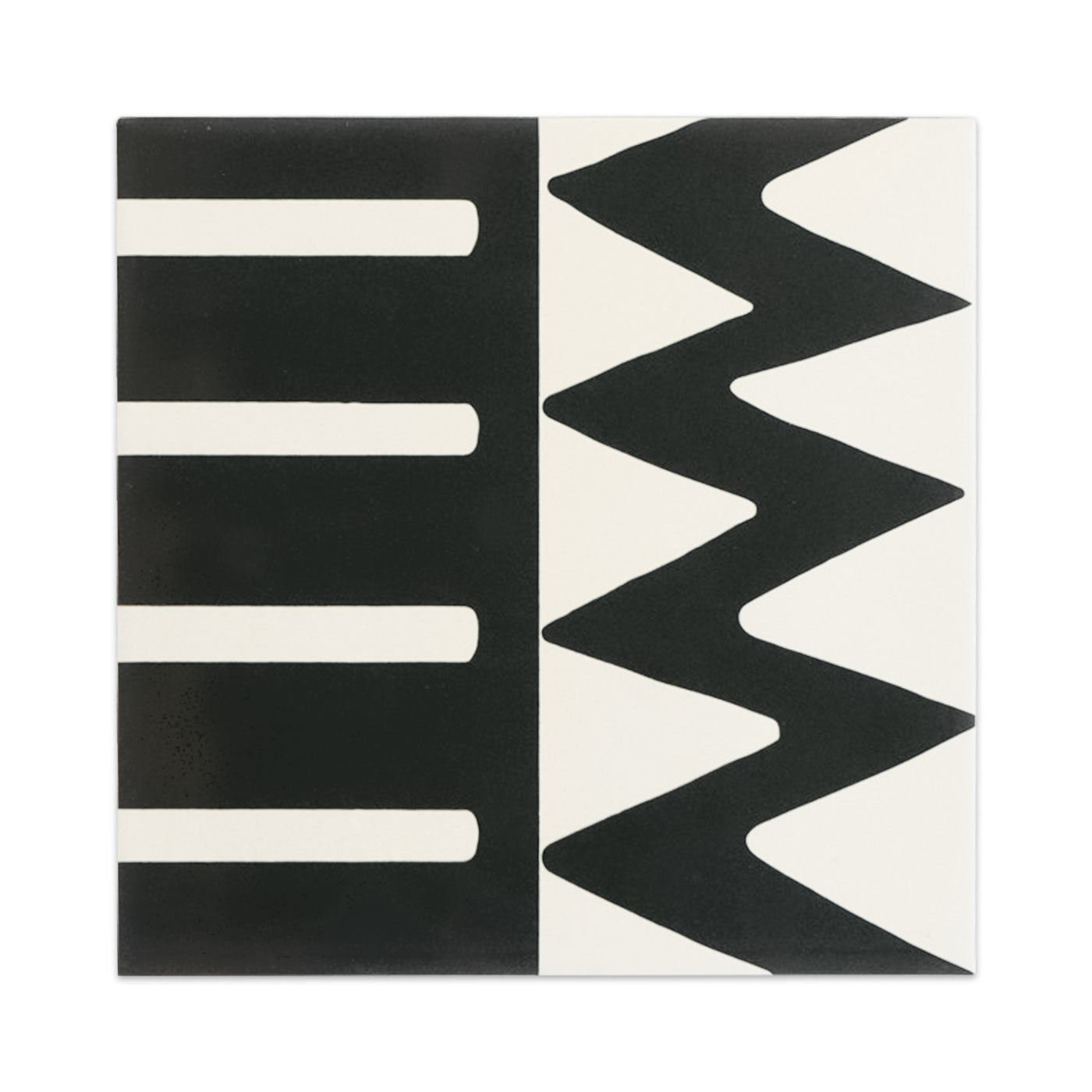 White 8x8 Kente Vocho sample tile by Clay Imports, featuring a black and white geometric pattern with horizontal stripes and zigzags.
