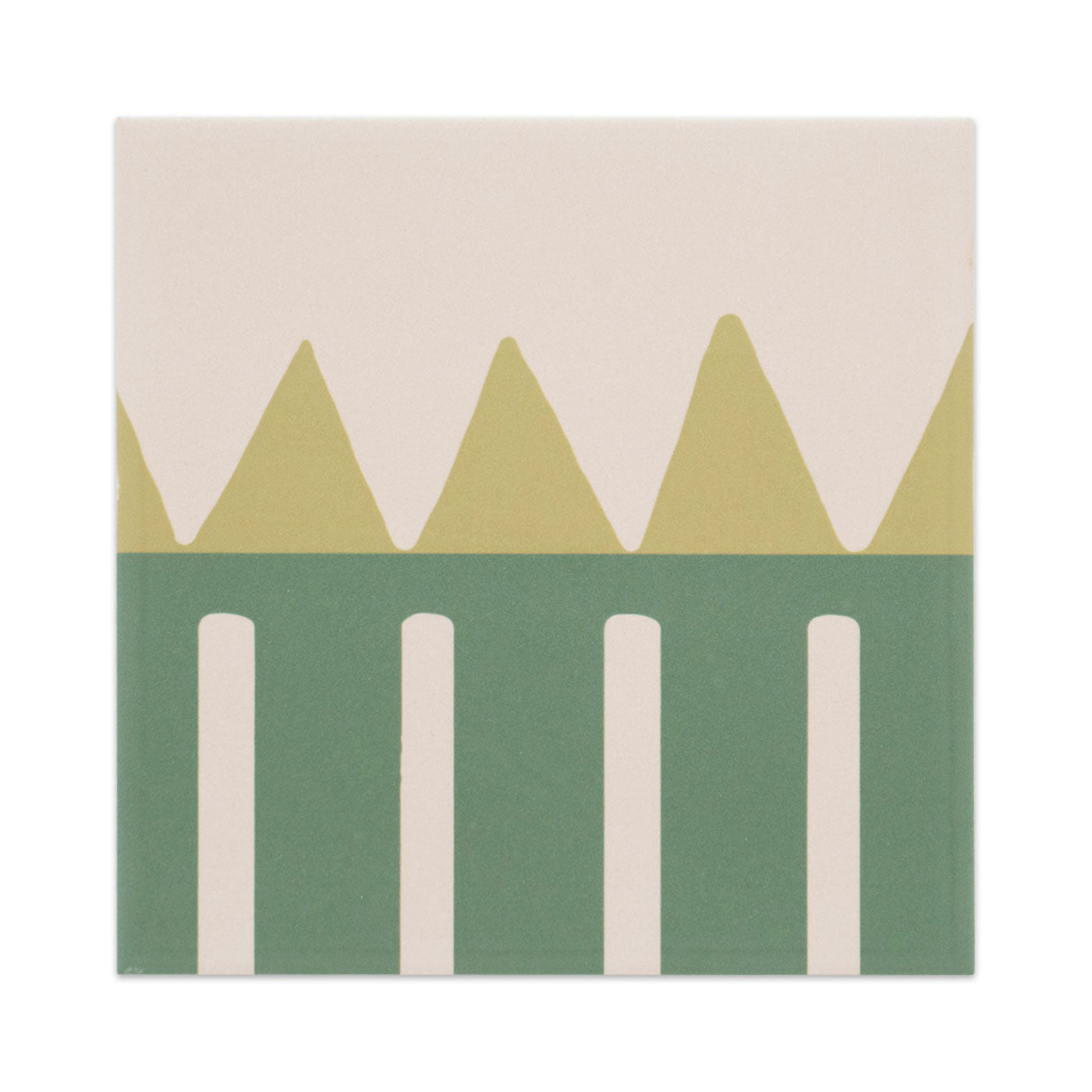 Cream, chartreuse, and forest green tile sample by Clay Imports featuring mountain peaks and vertical stripes.