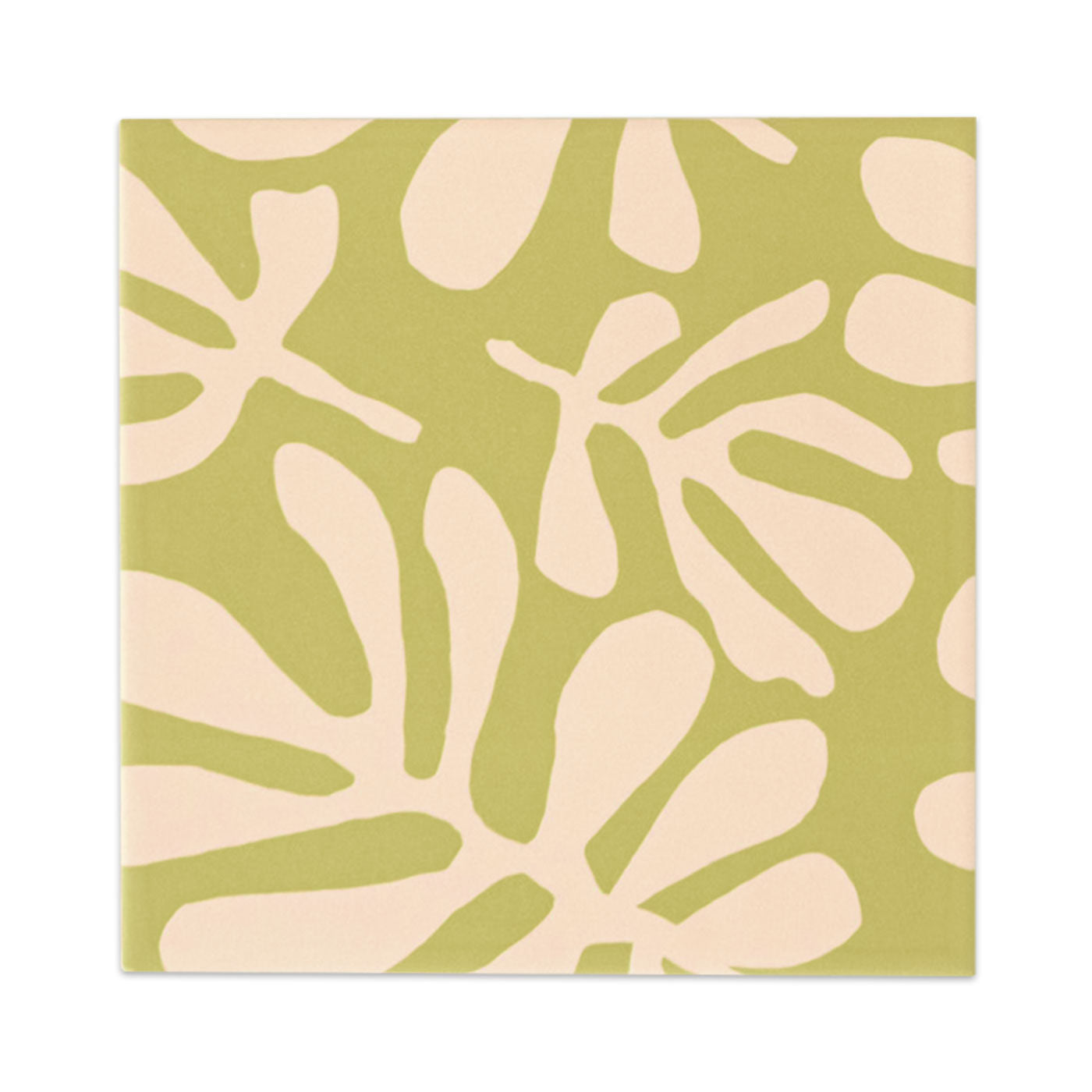 A square avocado green and beige sample tile by Clay Imports, featuring an abstract organic leaf pattern.