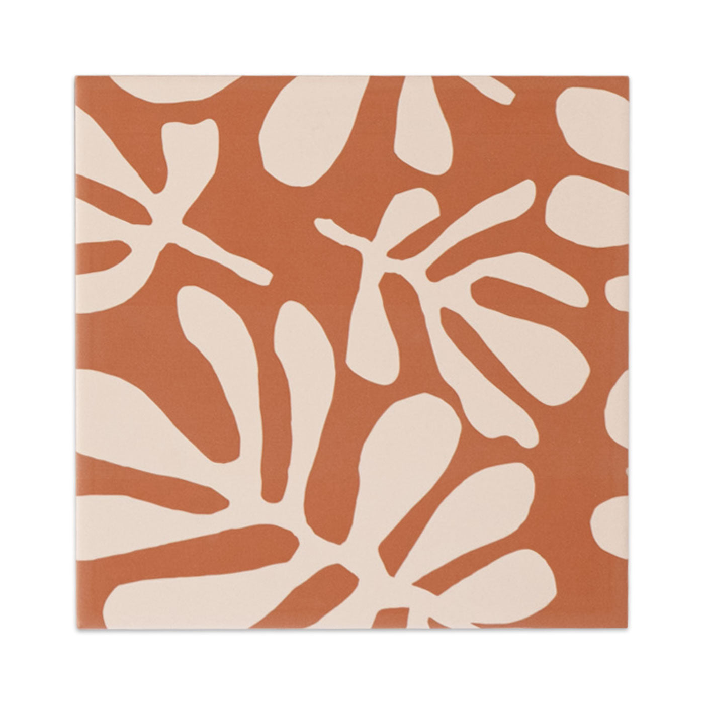 Terracotta and cream 8x8 sample tile by Clay Imports, featuring large abstract leaf shapes.