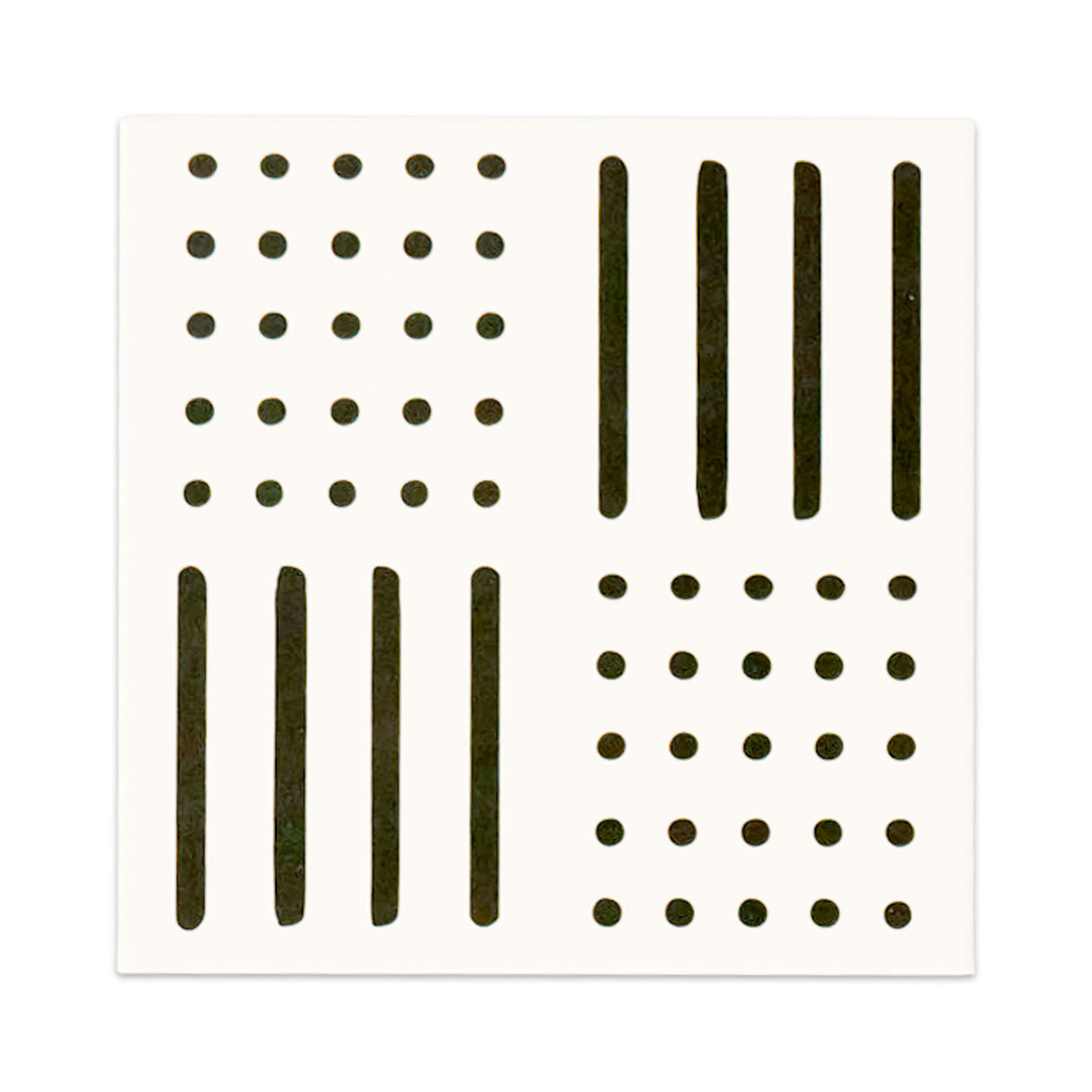 White 8x8 mudcloth pattern sample by Clay Imports with alternating quadrants of dots and vertical lines.