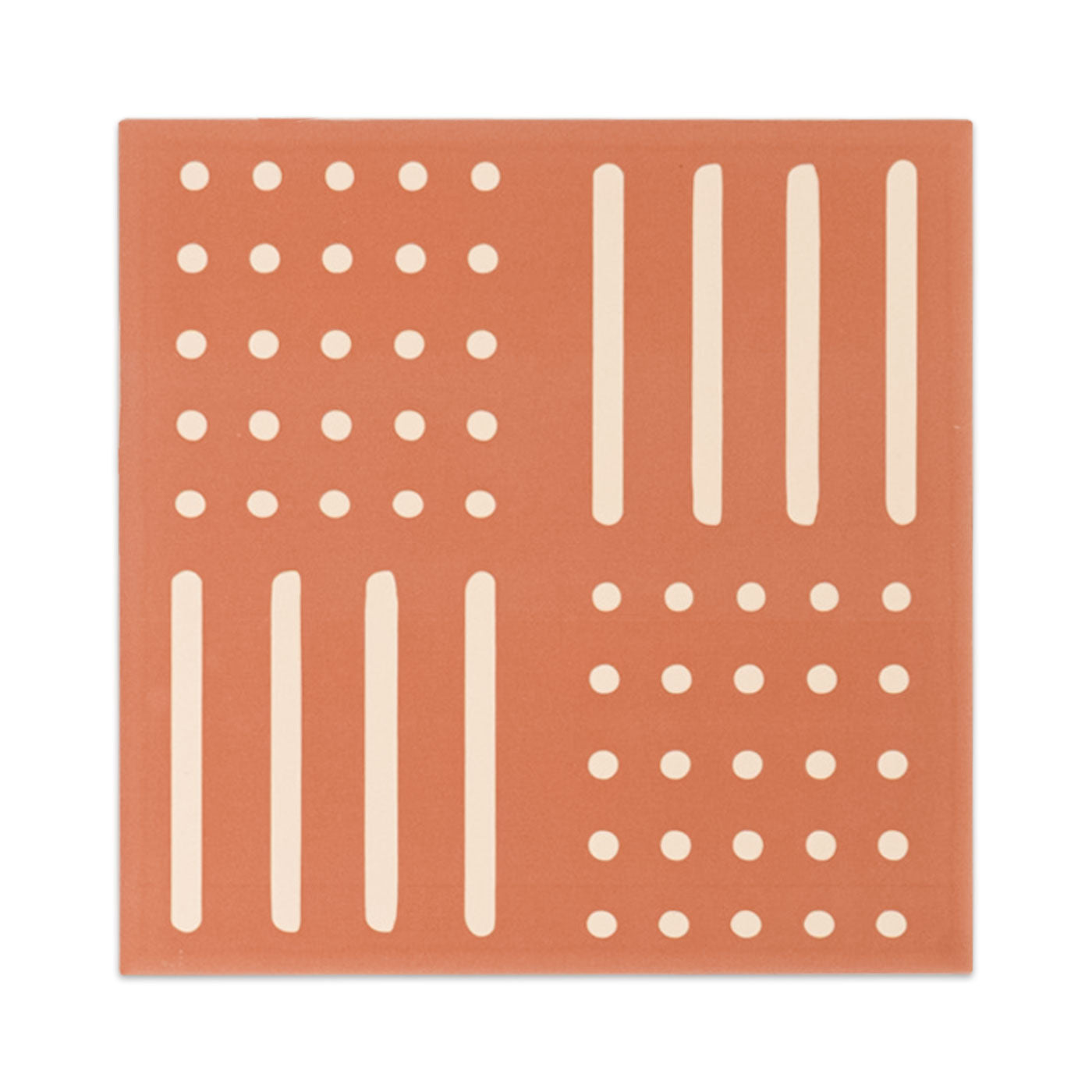 Terracotta tile sample with cream patterns by Clay Imports, featuring quadrants of vertical stripes and dot grids.