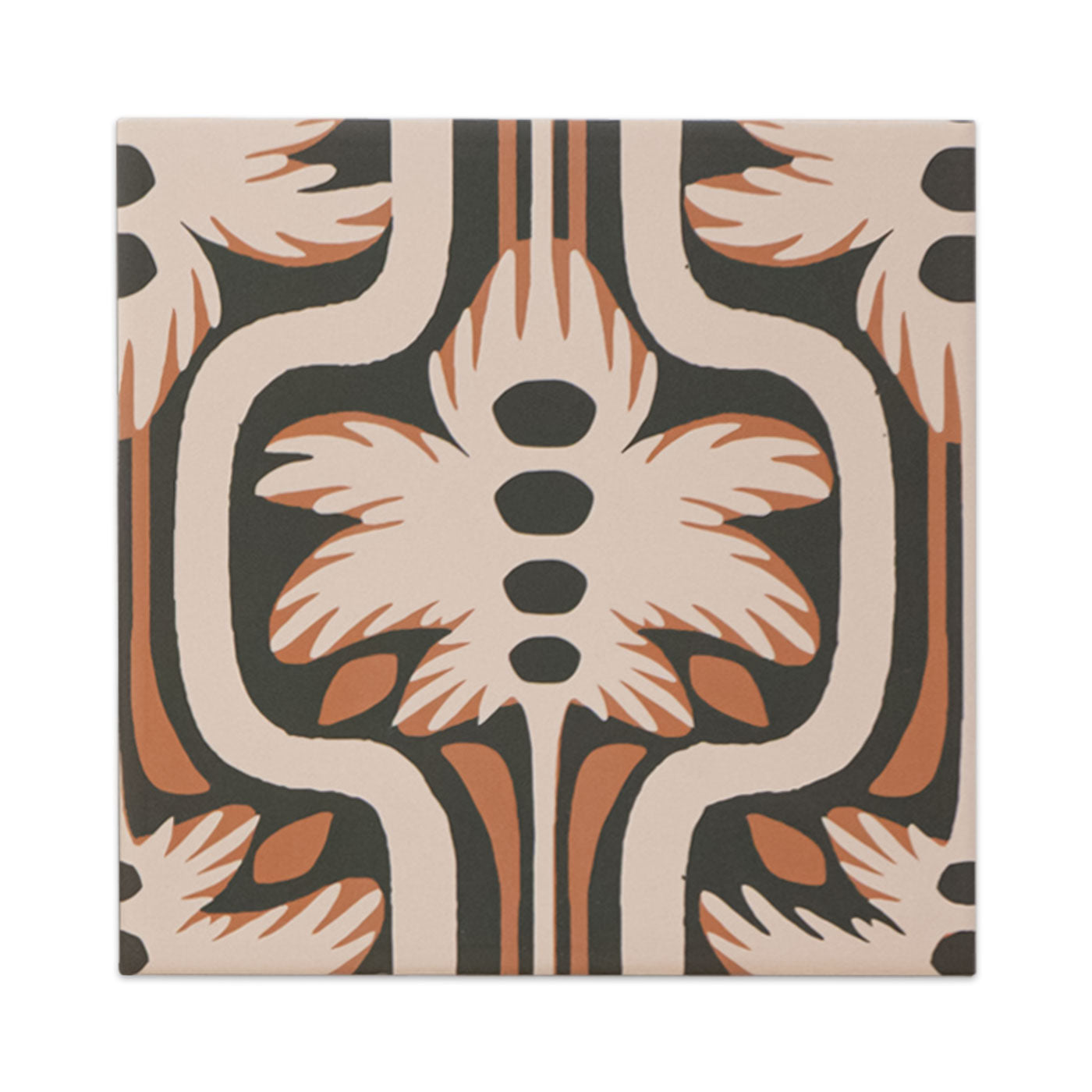 A square tile sample in dark gray, beige, and terracotta by Clay Imports, featuring a stylized palmetto leaf pattern.