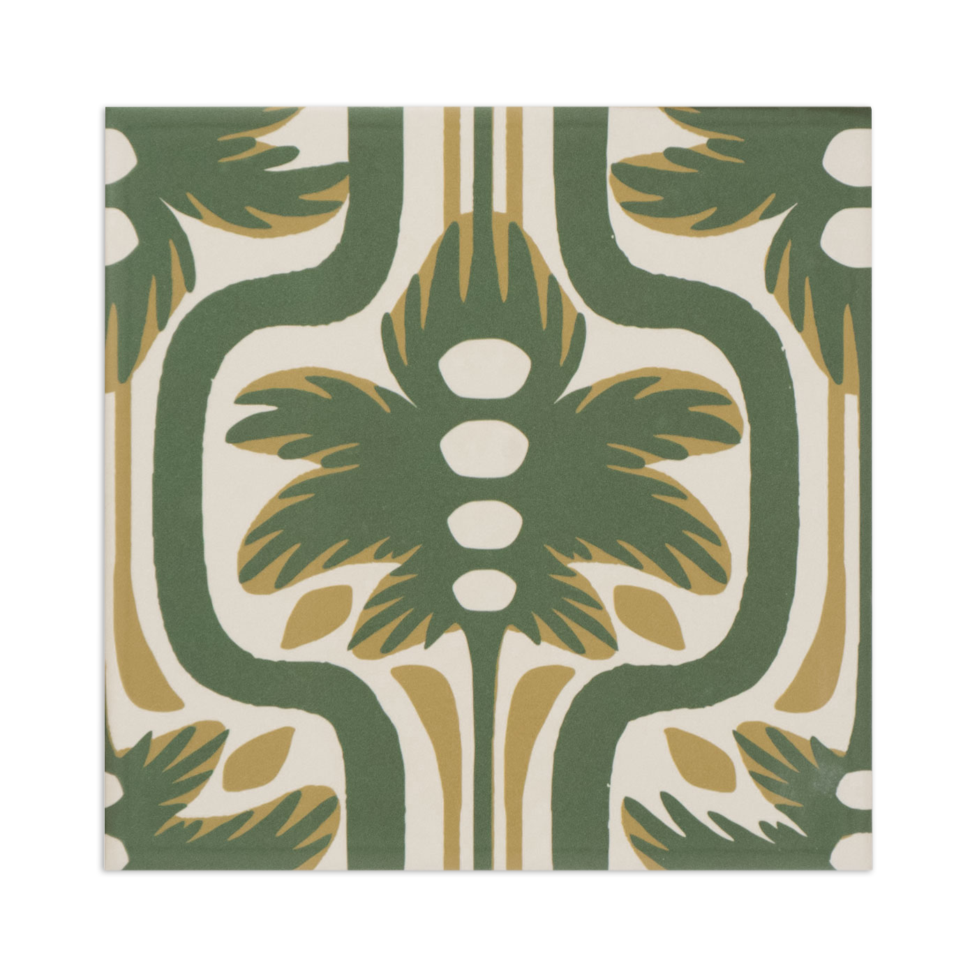 Square sample tile by Clay Imports with a green and gold palmetto leaf pattern on a cream background.