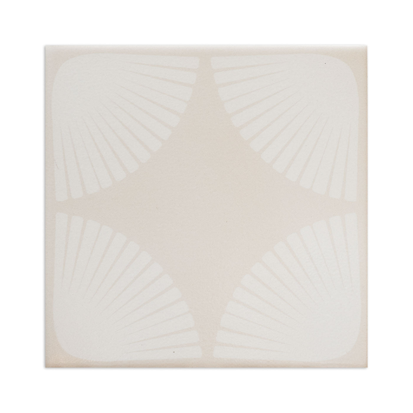 Petal white sample tile by Clay Imports with four subtle fan patterns in the corners, forming a central diamond.