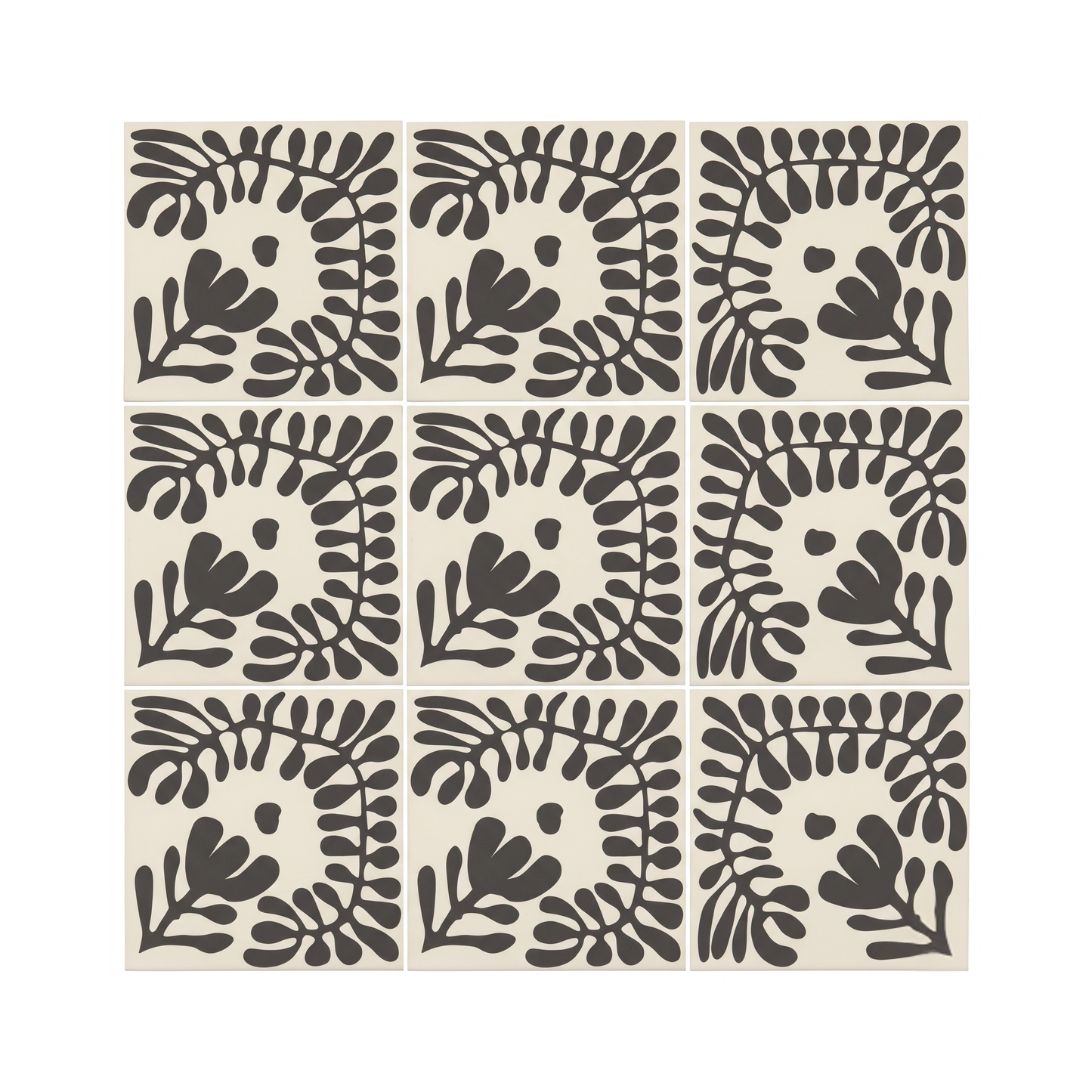 Pitch Black 8x8 Pattern Tile by Clay Imports, featuring a bold Sprig Vocho botanical pattern across a 3x3 grid.