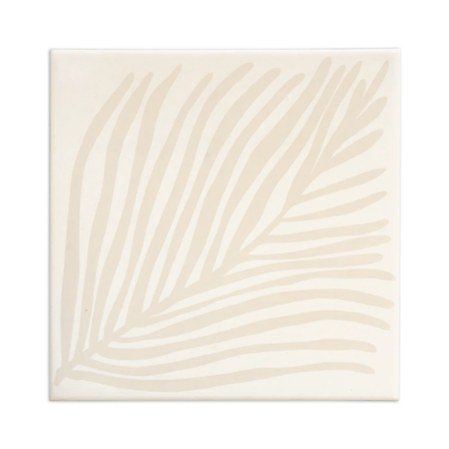 Rice White 8x8 pattern tile by Clay Imports, featuring a stylized Willow Dew palm frond design.