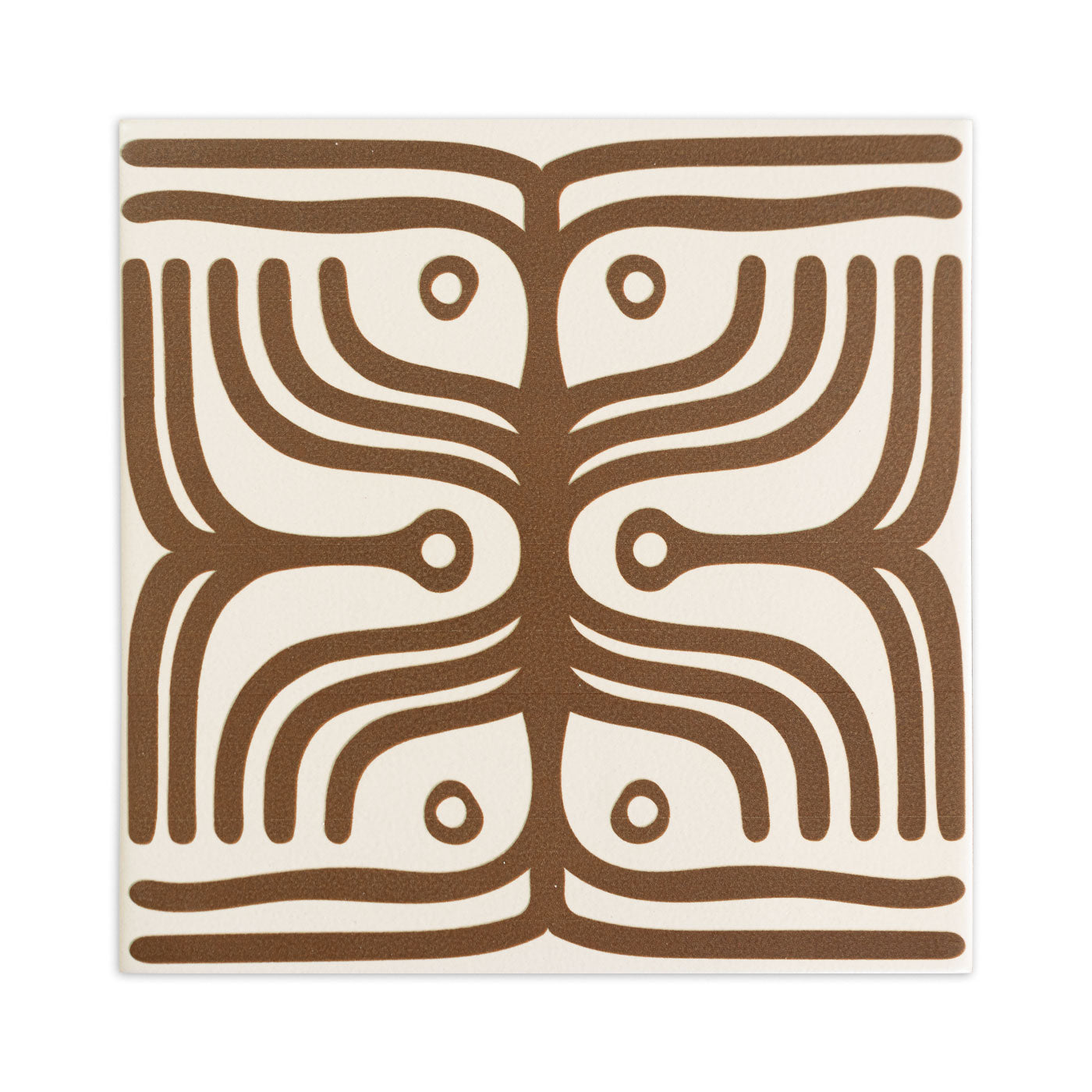 An off-white square tile sample by Clay Imports, featuring a symmetrical abstract brown pattern of thick lines and circles.
