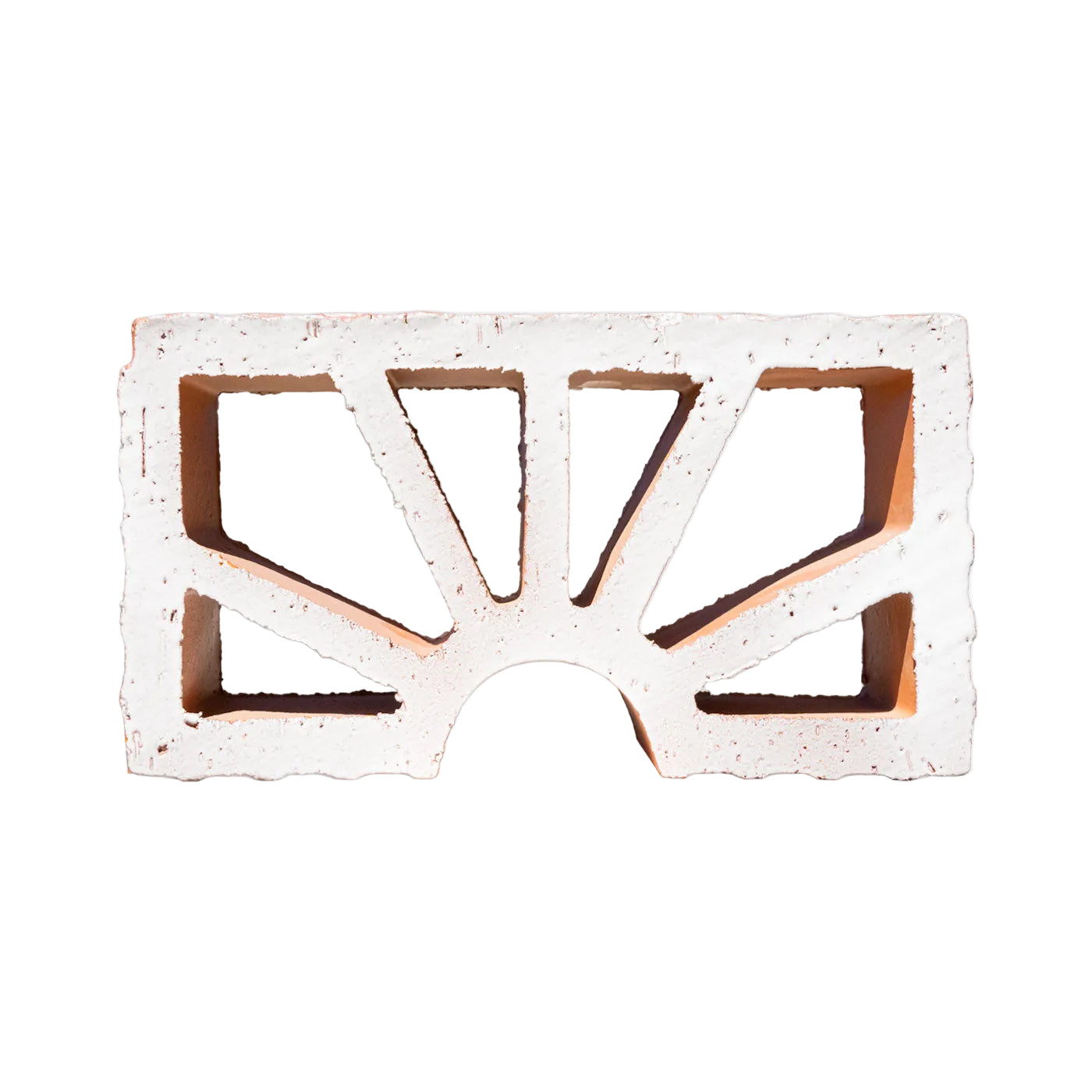 Petalo White Glazed Breeze Block by Clay Imports Breeze Blocks, featuring a sunburst design with a semicircular base and textured terracotta edges.