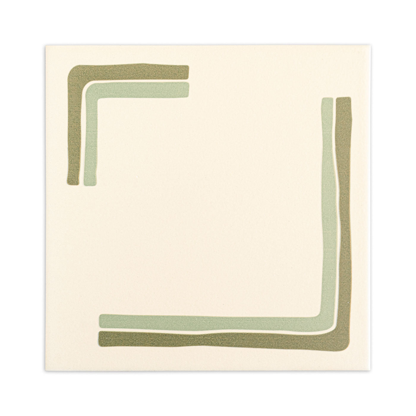Square tile sample by Clay Imports, champagne with modern sage and olive green L-shaped frame pattern.
