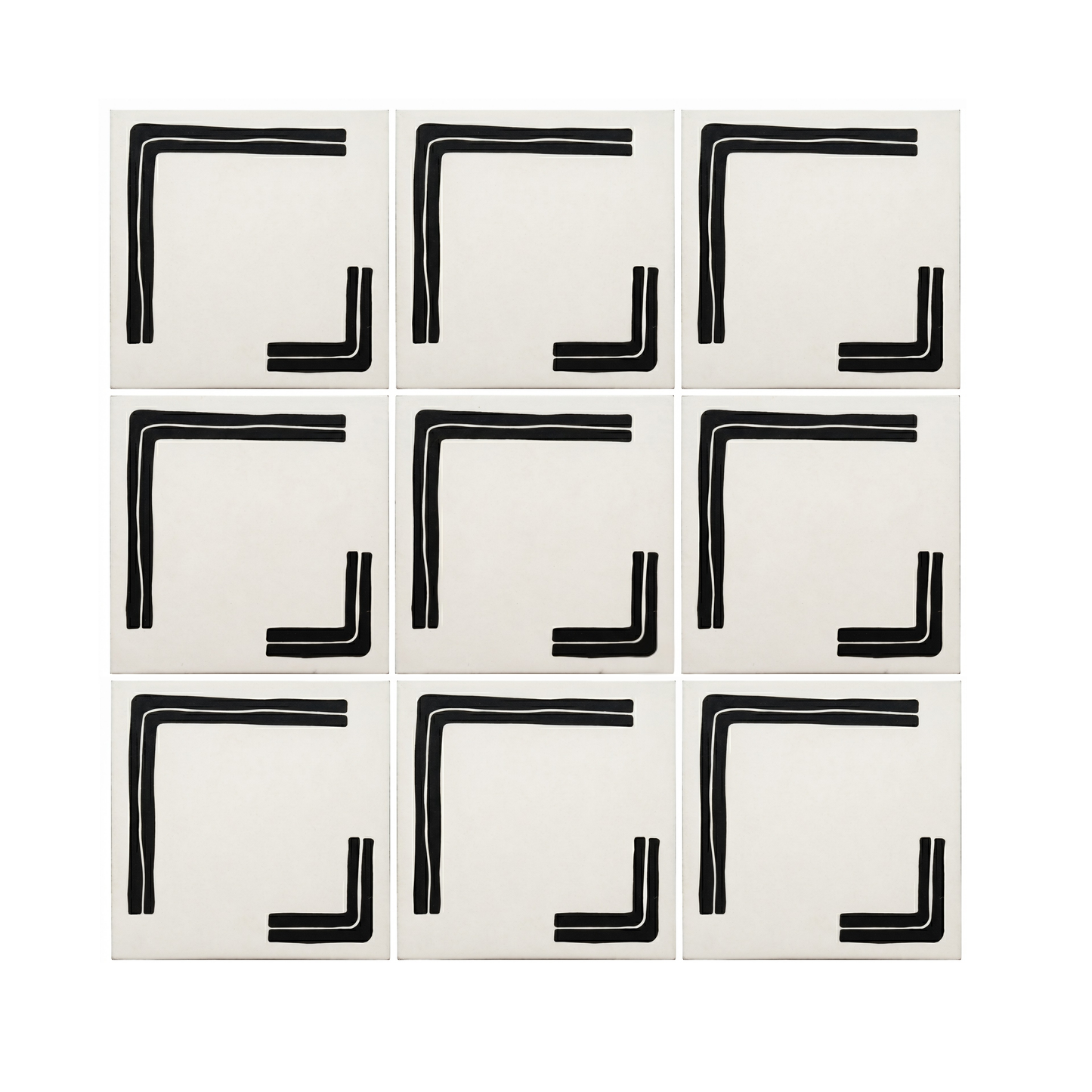Nine black and white pattern tiles by Clay Imports, featuring textured black L-shaped corner designs on a light background.