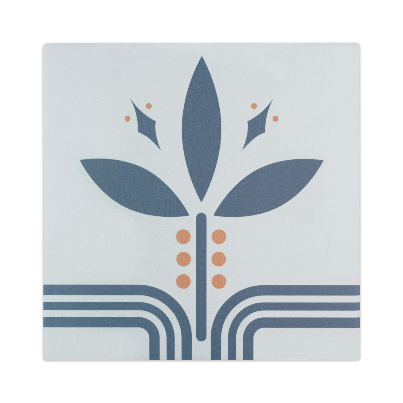 A square pattern tile with a light grey background by Clay Imports, featuring a stylized dark blue plant and peach geometric accents.