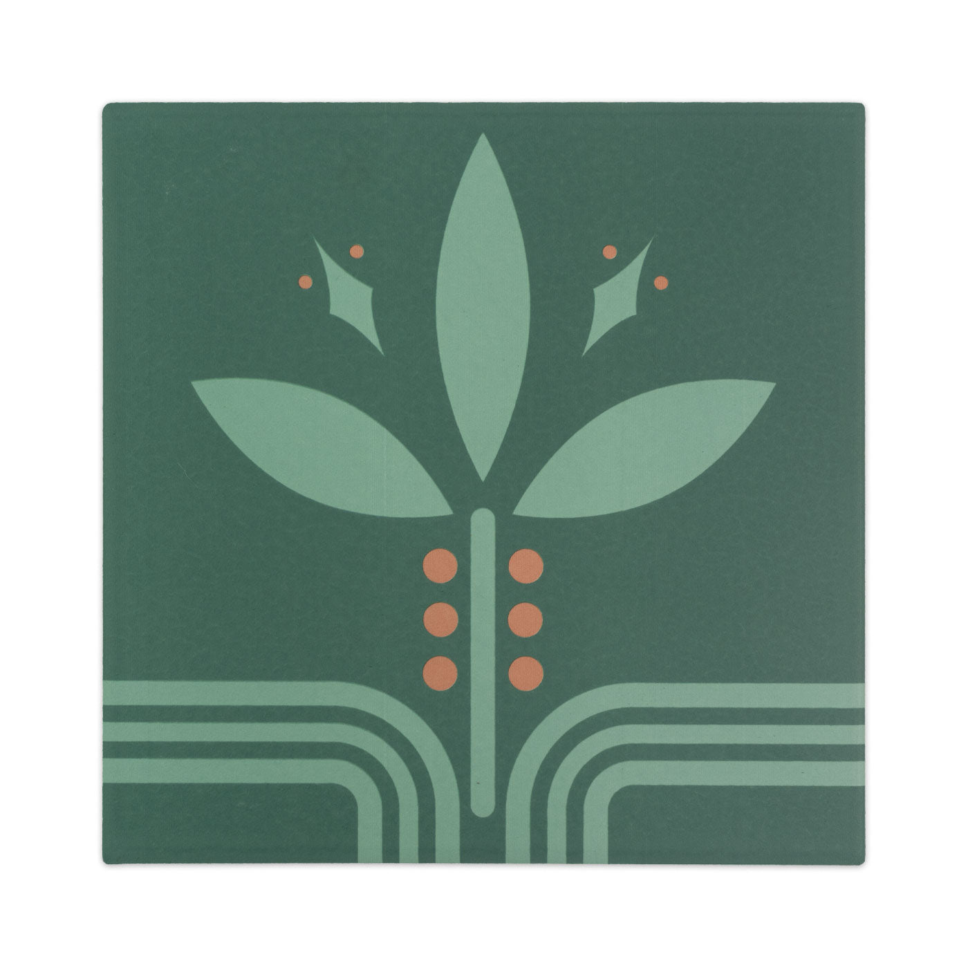 Green pattern tile by Clay Imports with a stylized botanical design of leaves, orange berries, and curved lines.