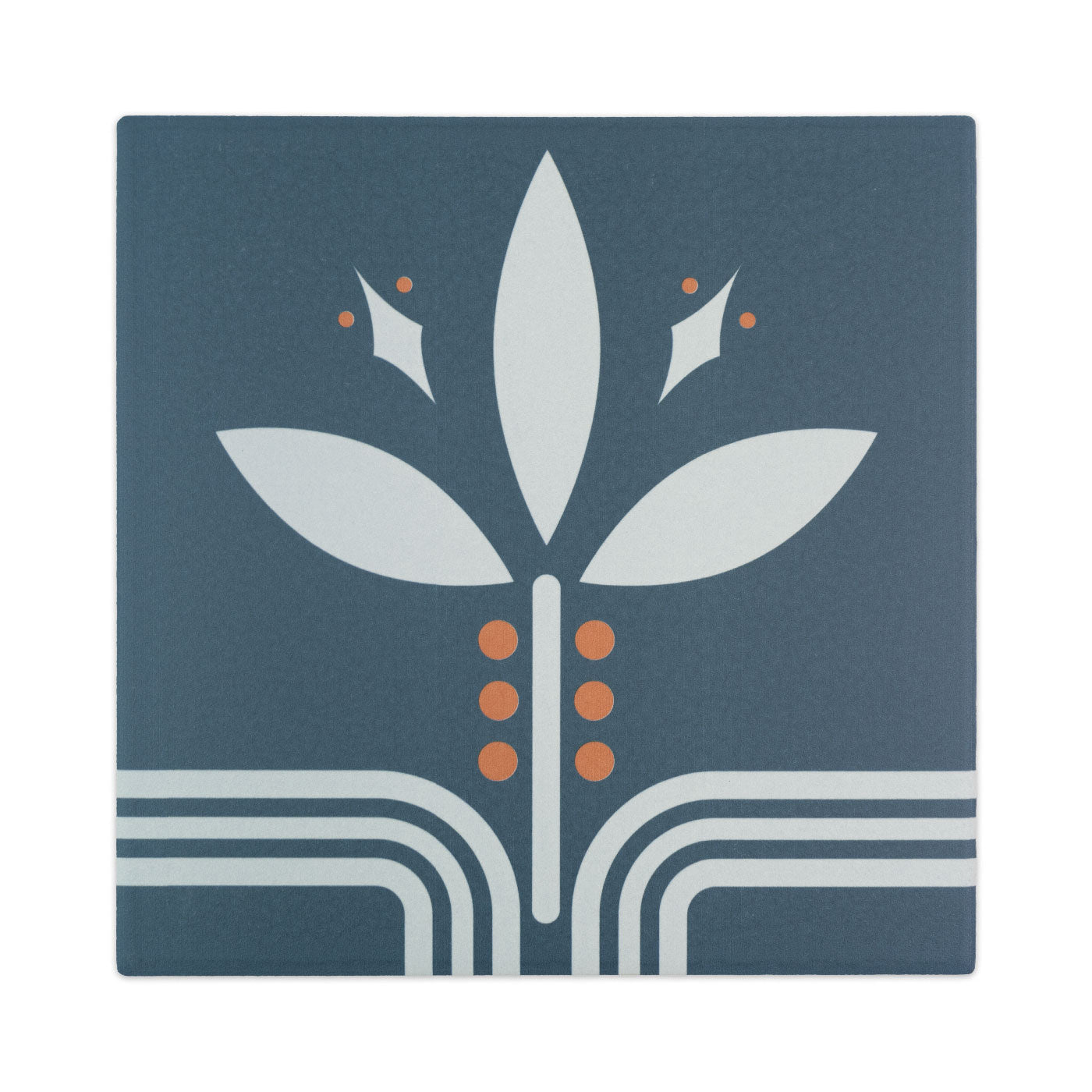 Dark teal pattern tile by Clay Imports with an abstract plant design, orange dots, and geometric lines.
