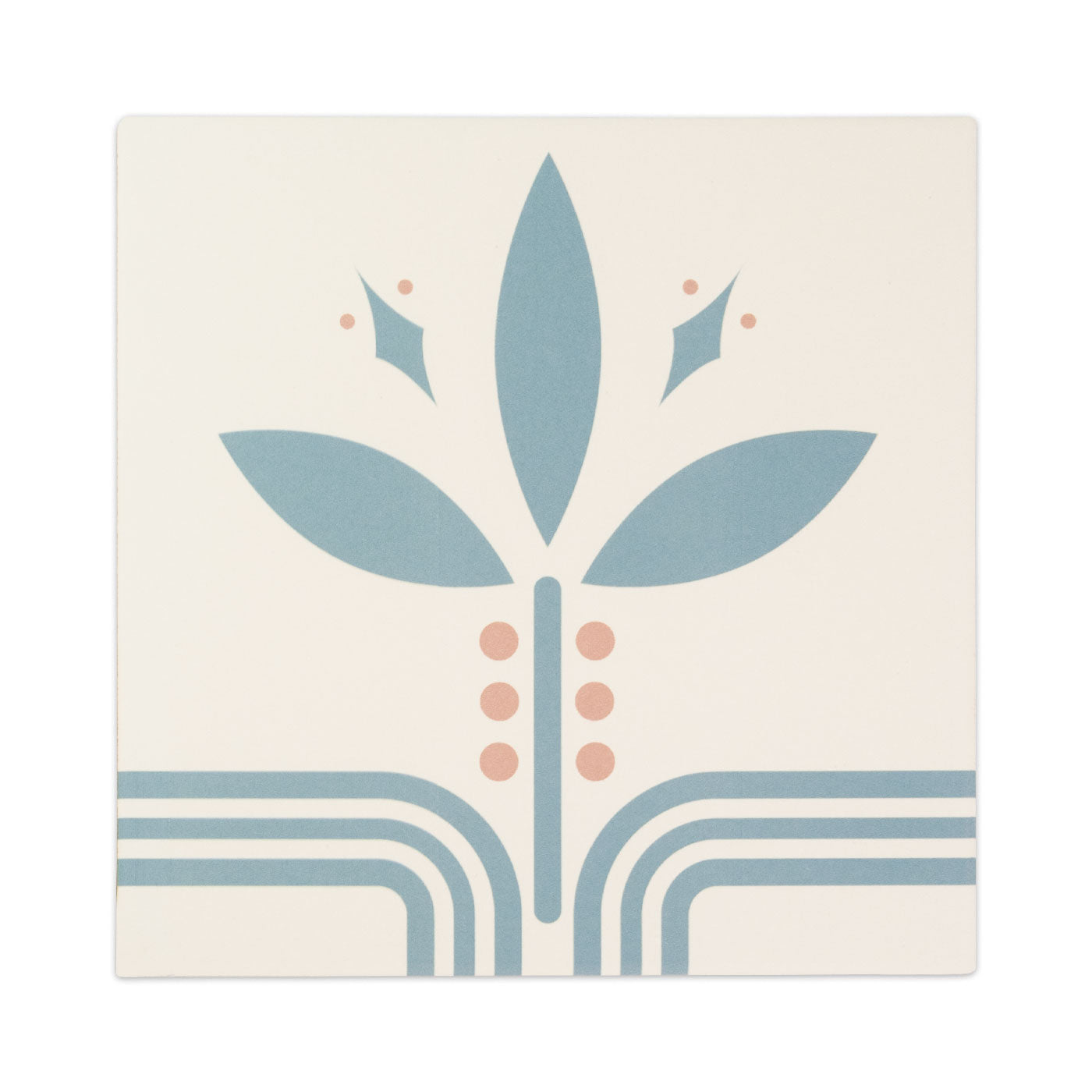 White 8x8 pattern tile by Clay Imports, featuring a symmetrical art deco-inspired blue and pink botanical design.
