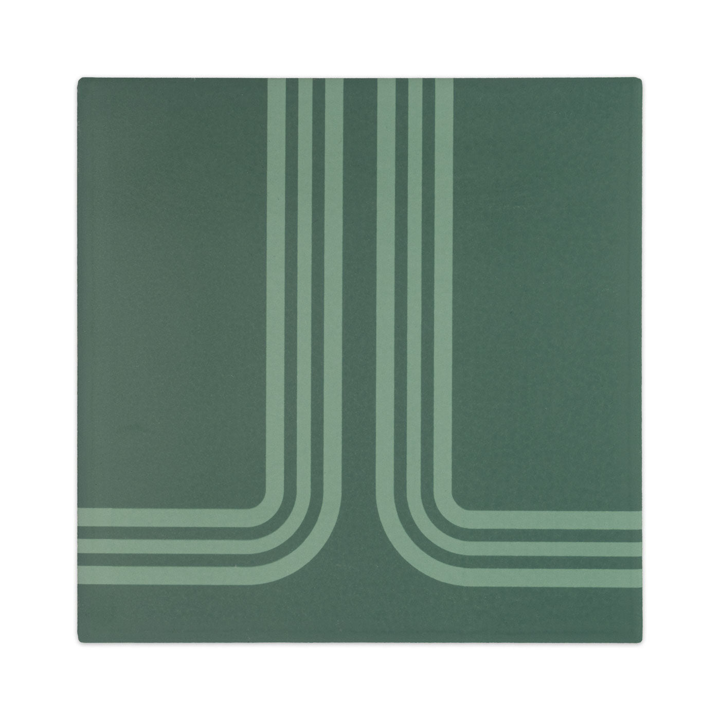 Dark green square tile sample by Clay Imports with lighter green geometric striped pattern and rounded corners.