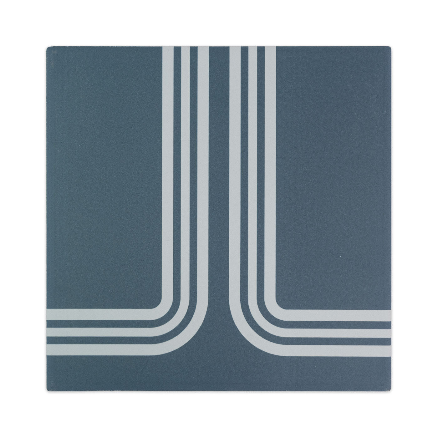 Midnight blue square tile sample by Clay Imports featuring a light grey retro triple-line pattern.