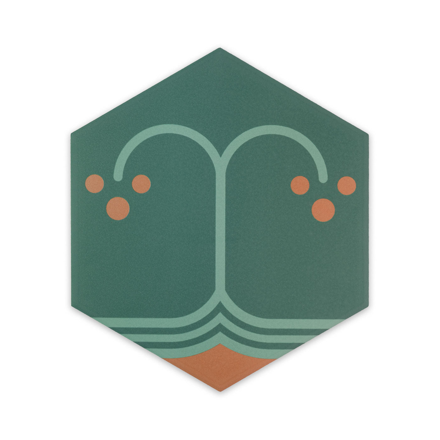 Hexagonal sample tile, green with orange and light green, by Clay Imports, featuring a stylized tree/fountain design.