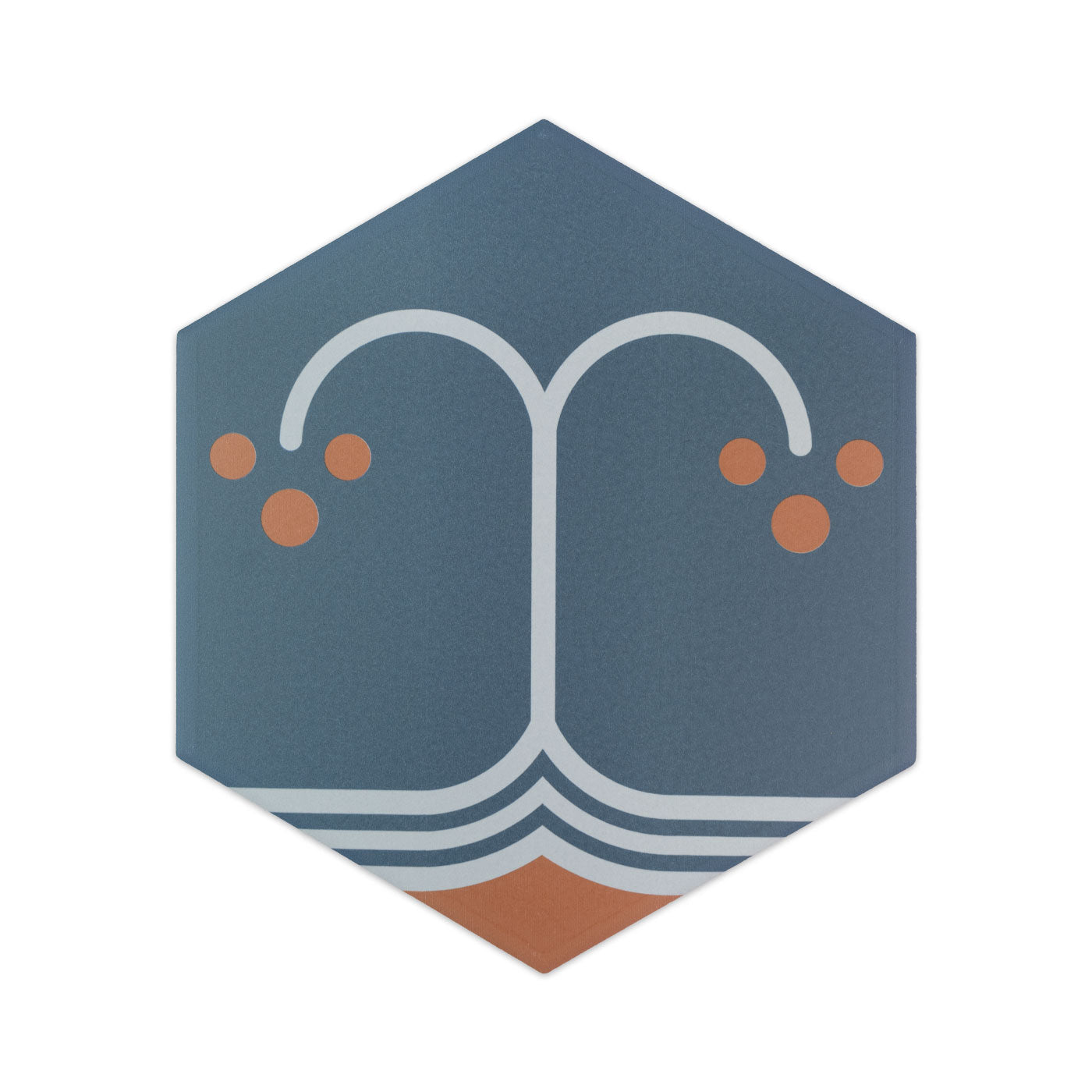 Hexagonal sample tile by Clay Imports in blue-gray with a white arched, wavy design and orange accents.